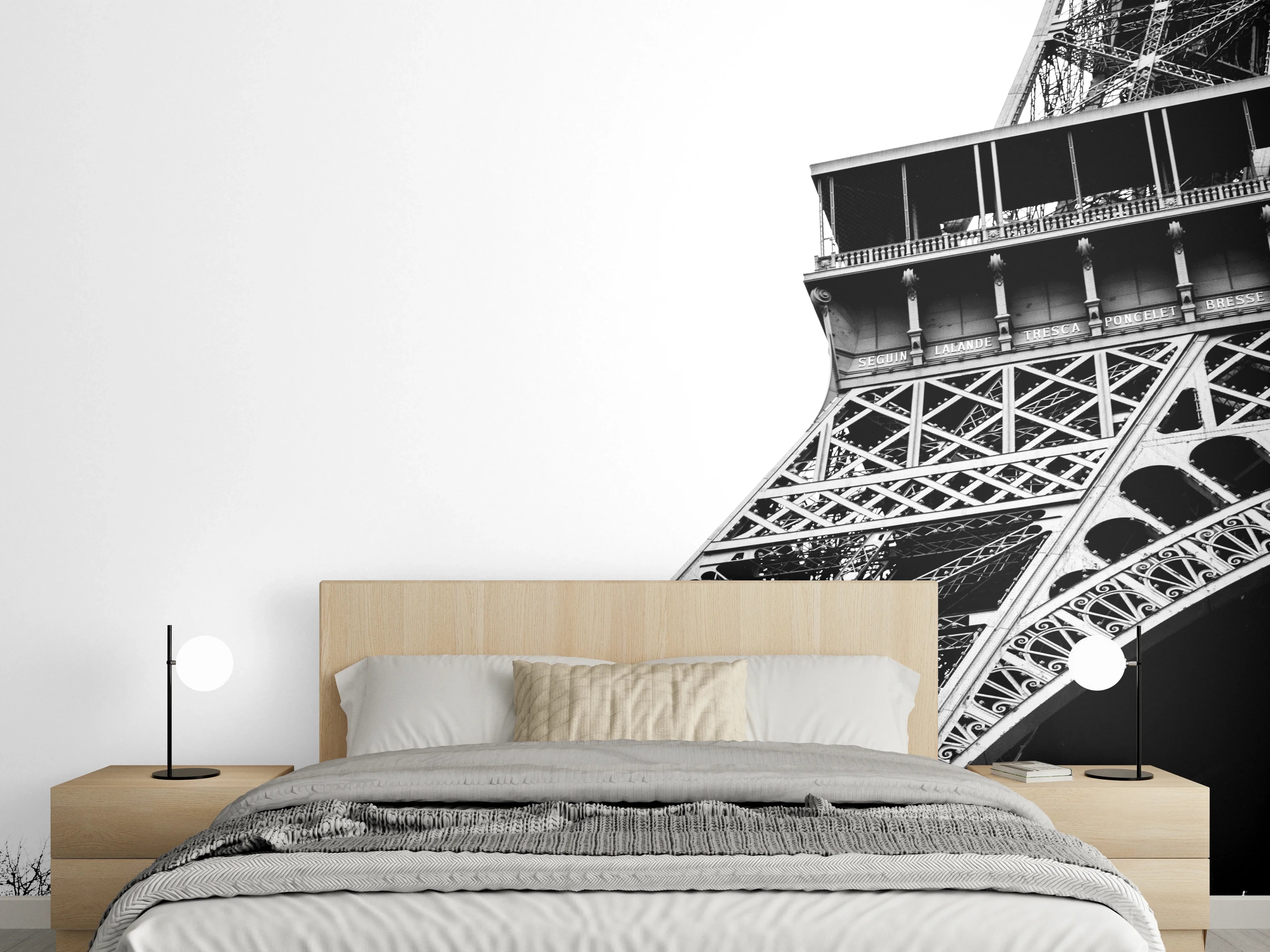 Wandverkleidung Schlafzimmer - Schwarz-Weiß Eiffelturm mit Flugzeug