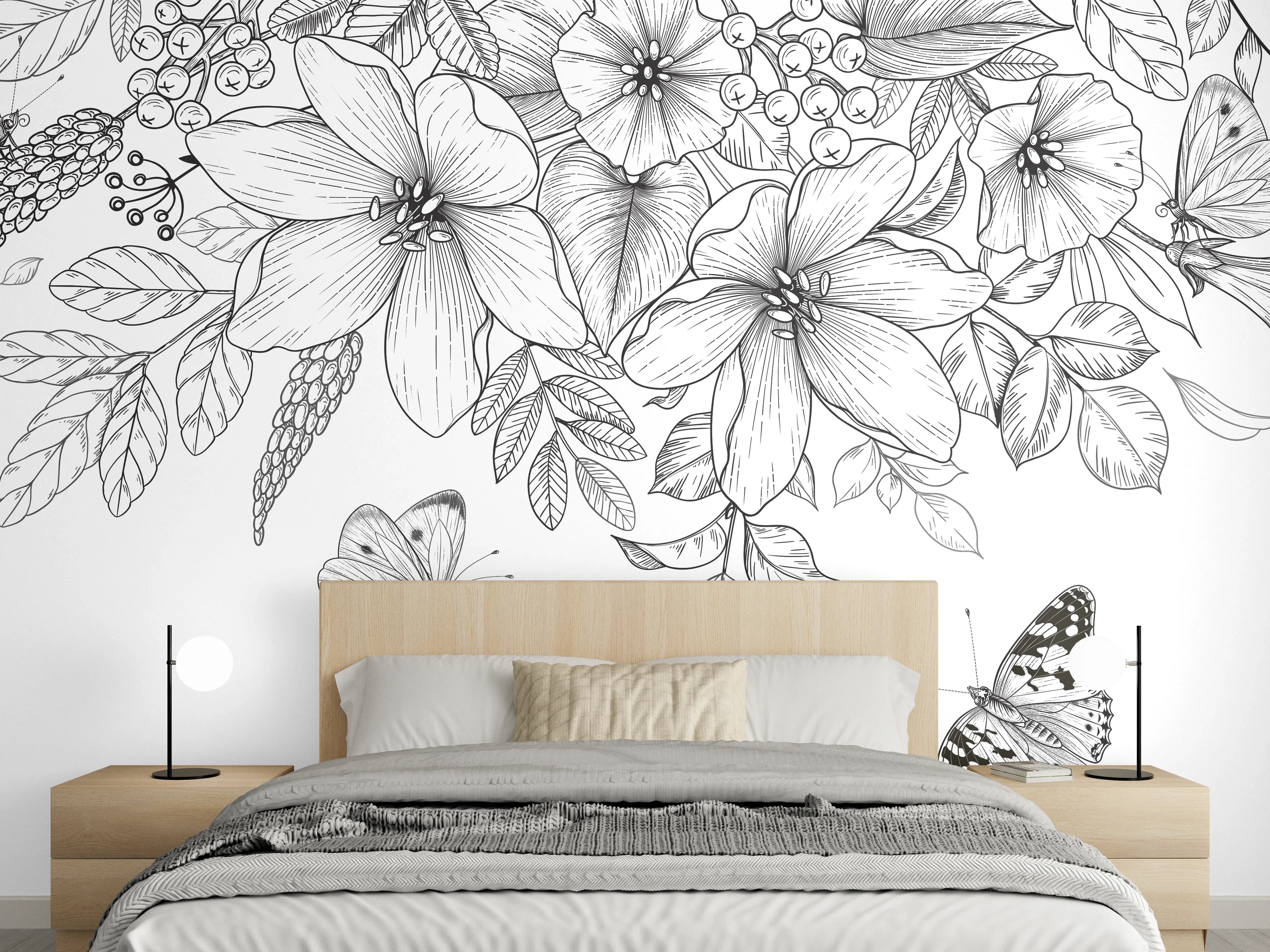 Wandverkleidung Schlafzimmer - Schwarz-Weiß Floralzeichnung