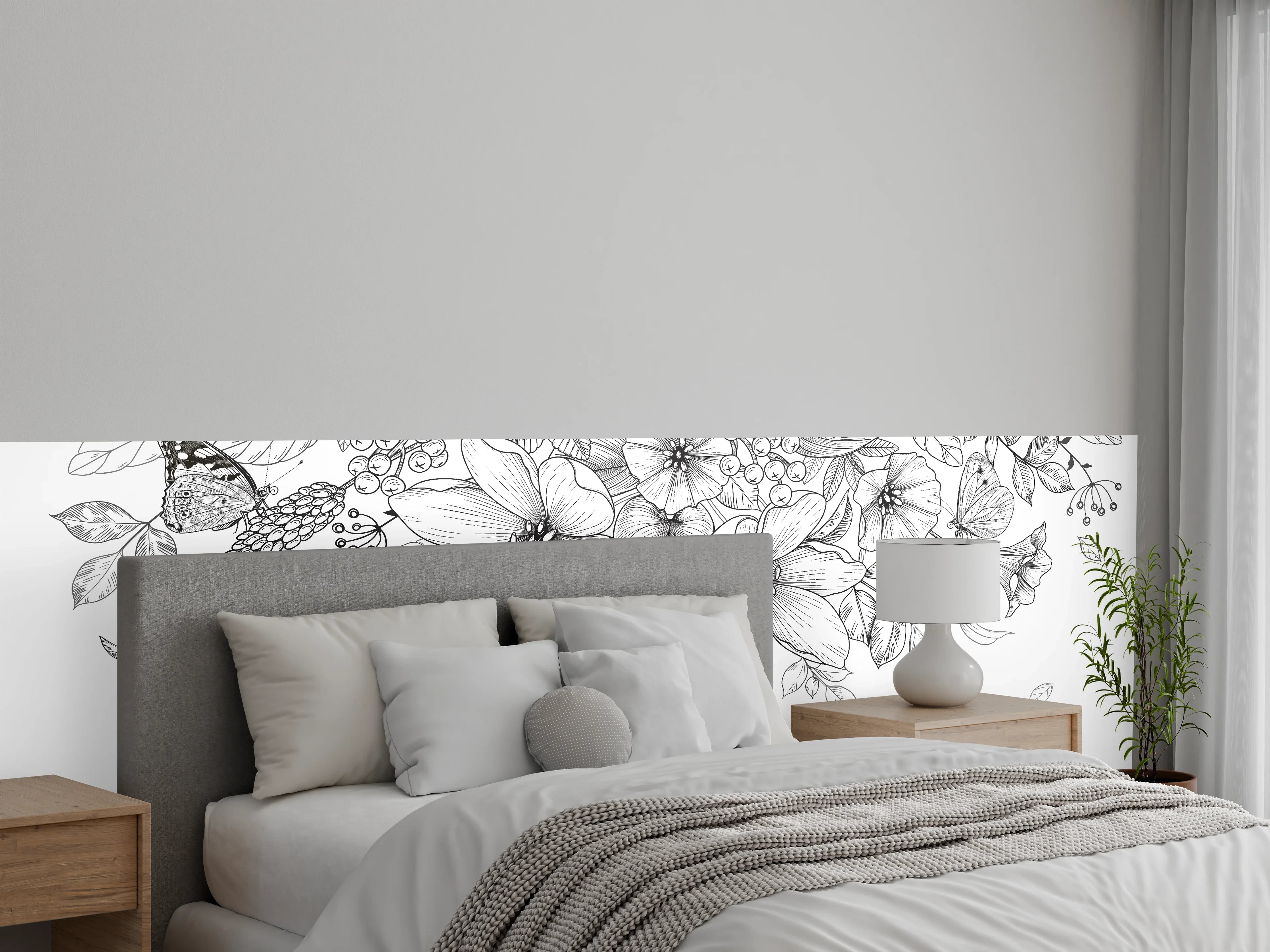 Wandverkleidung Schlafzimmer - Schwarz-Weiß Floralzeichnung