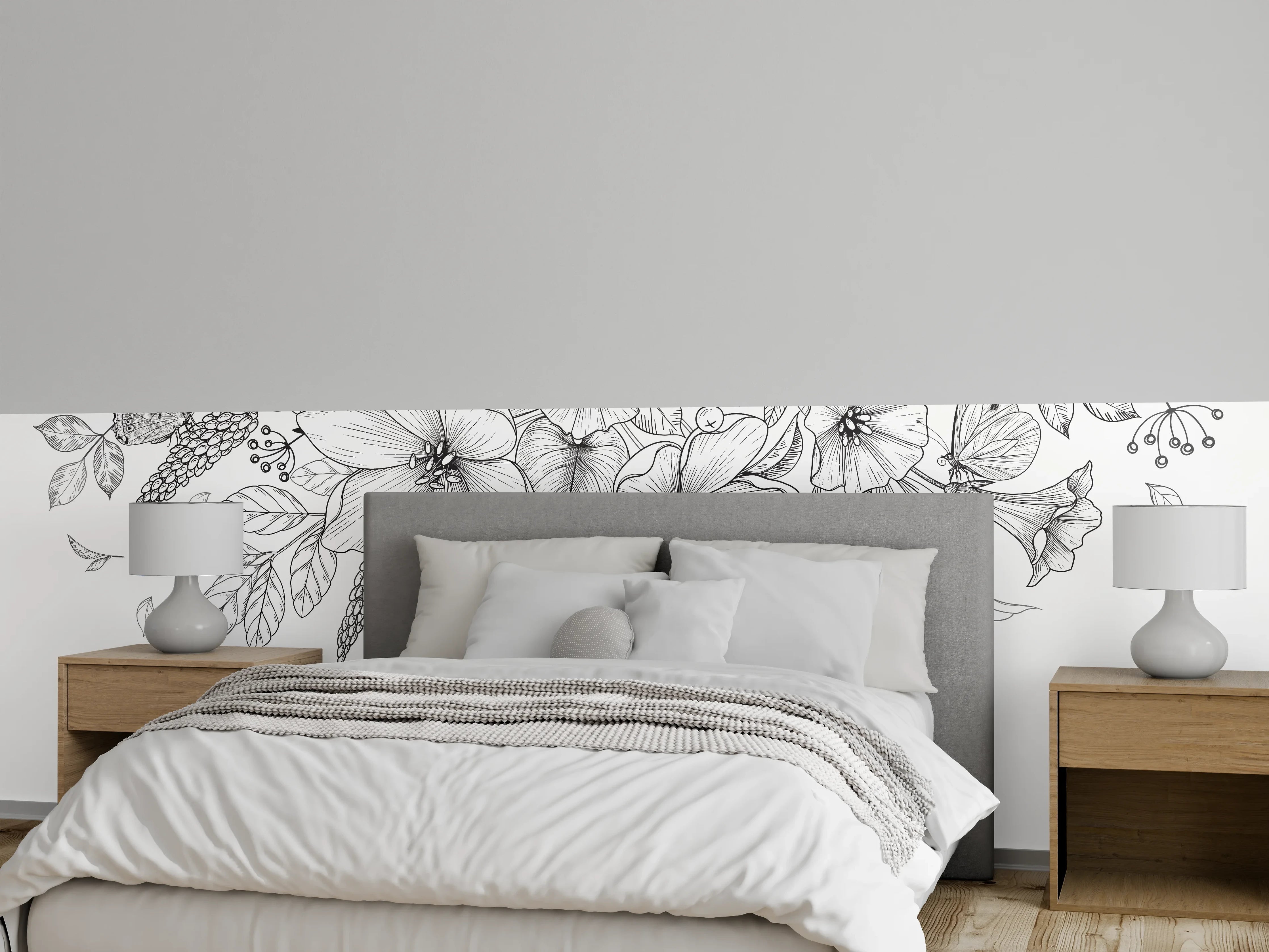 Wandverkleidung Schlafzimmer - Schwarz-Weiß Floralzeichnung