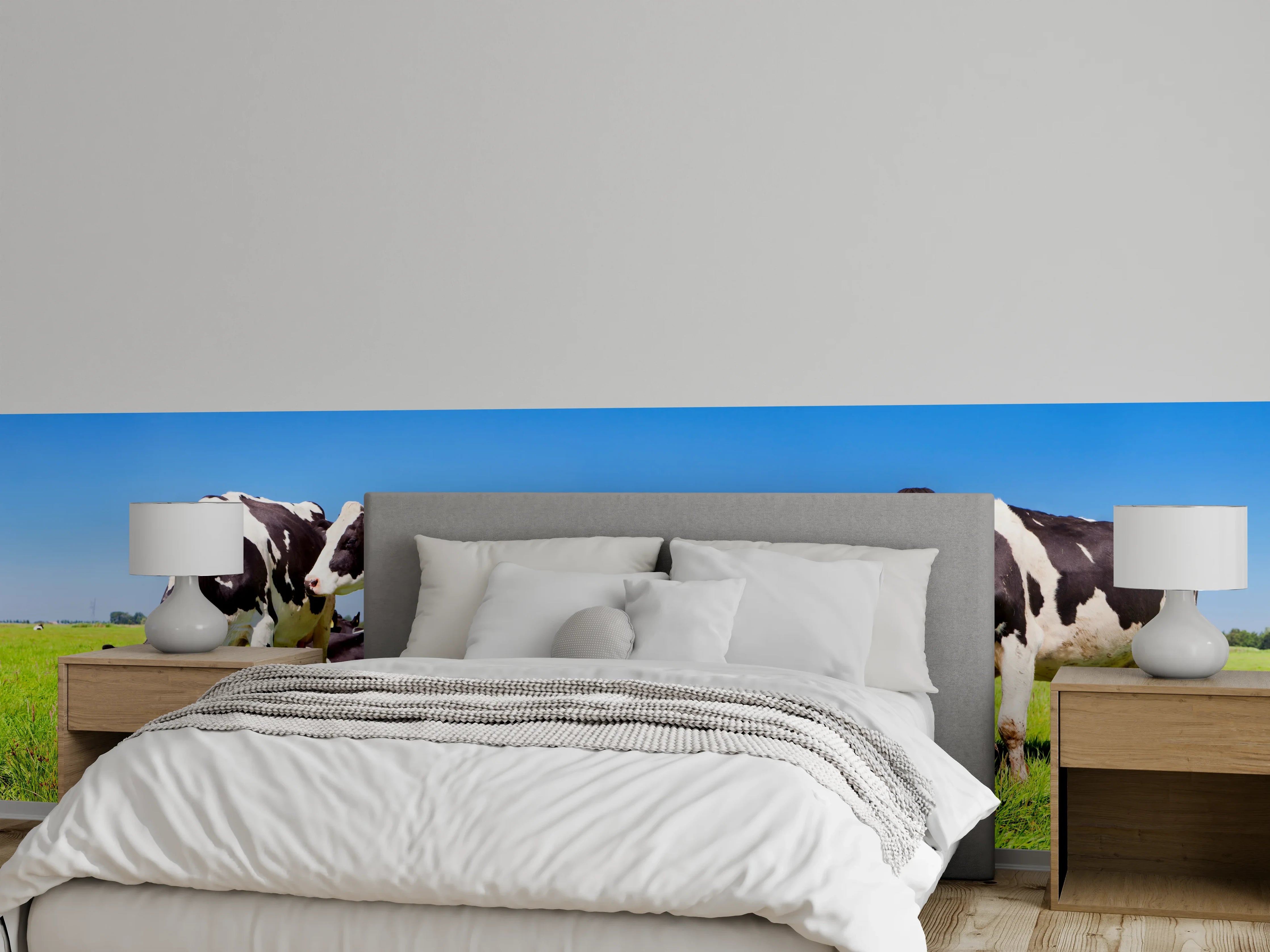 Wandverkleidung Schlafzimmer - Schwarz-Weiß-Kühe auf grüner Weide