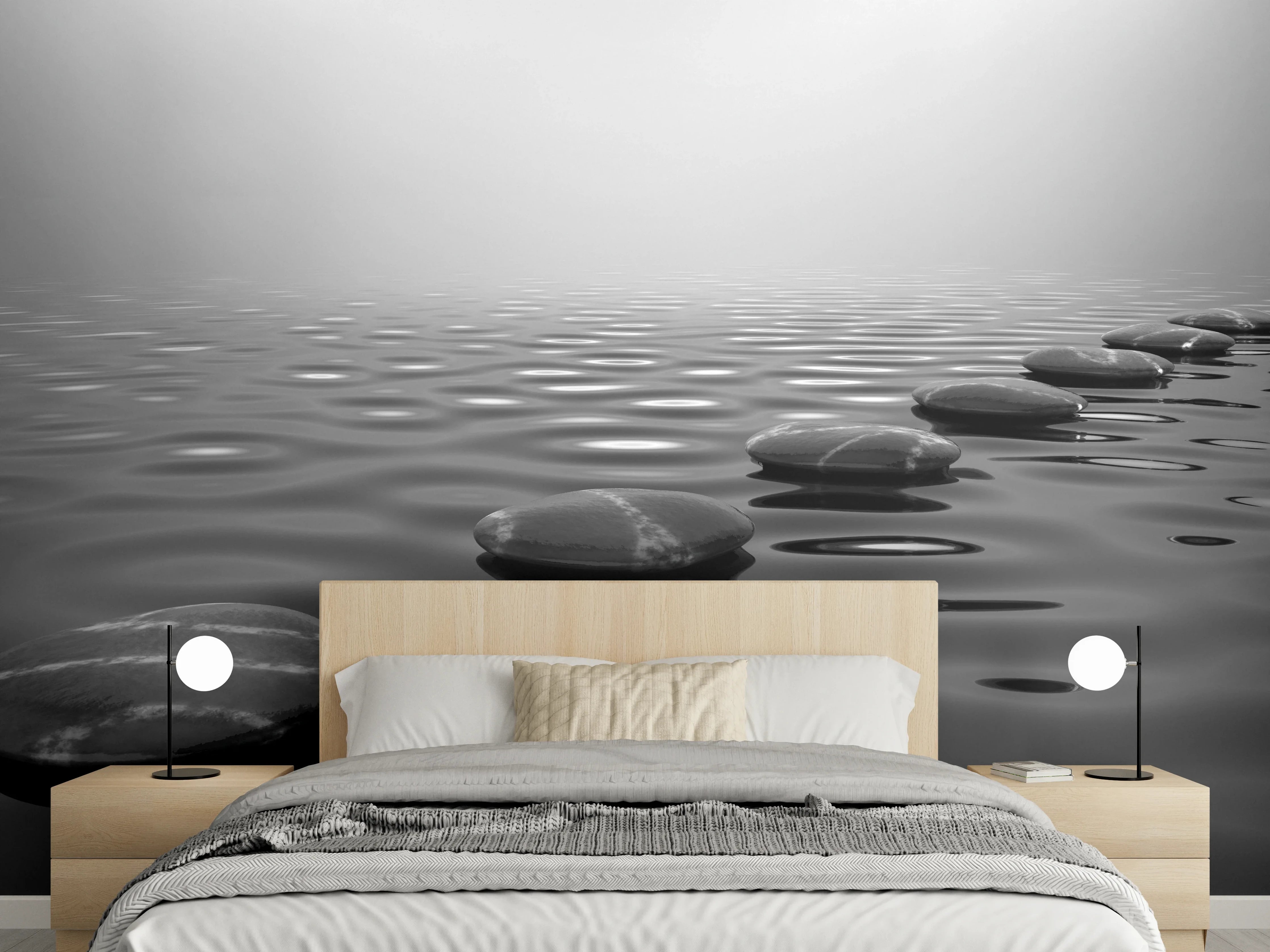 Wandverkleidung Schlafzimmer - Schwarz-Weiß Landschaft am Wasser