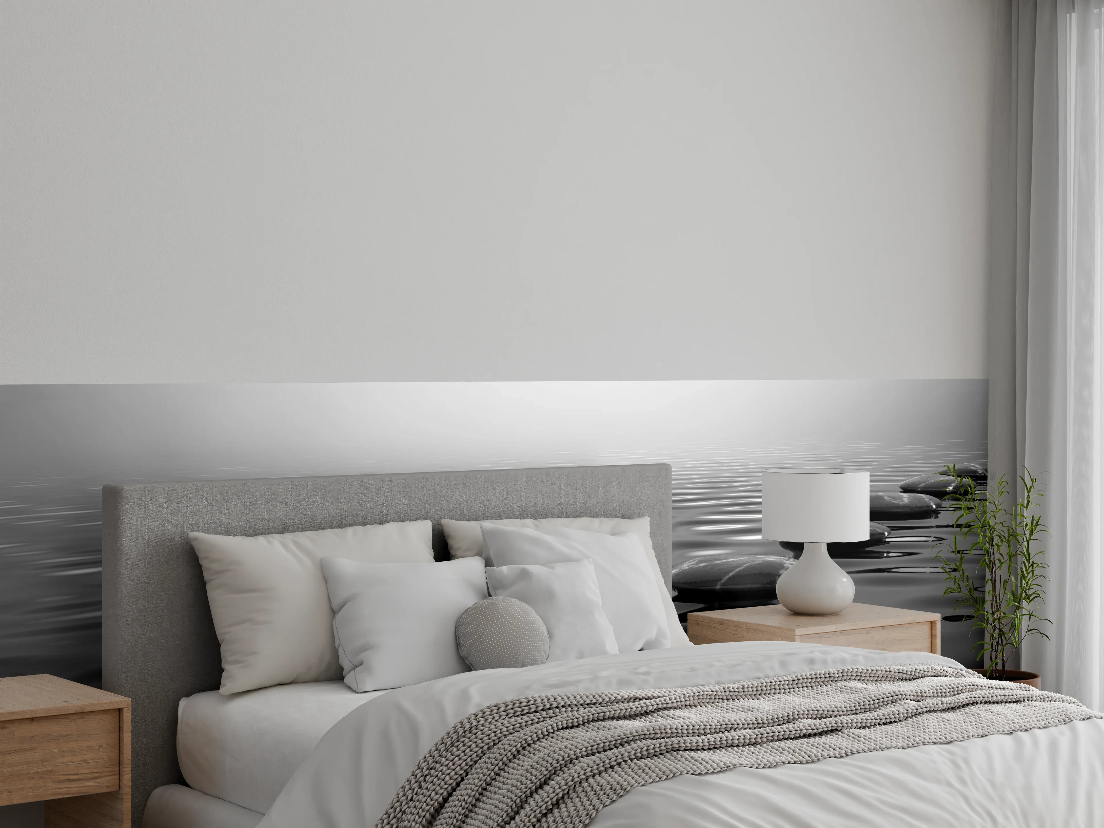 Wandverkleidung Schlafzimmer - Schwarz-Weiß Landschaft am Wasser