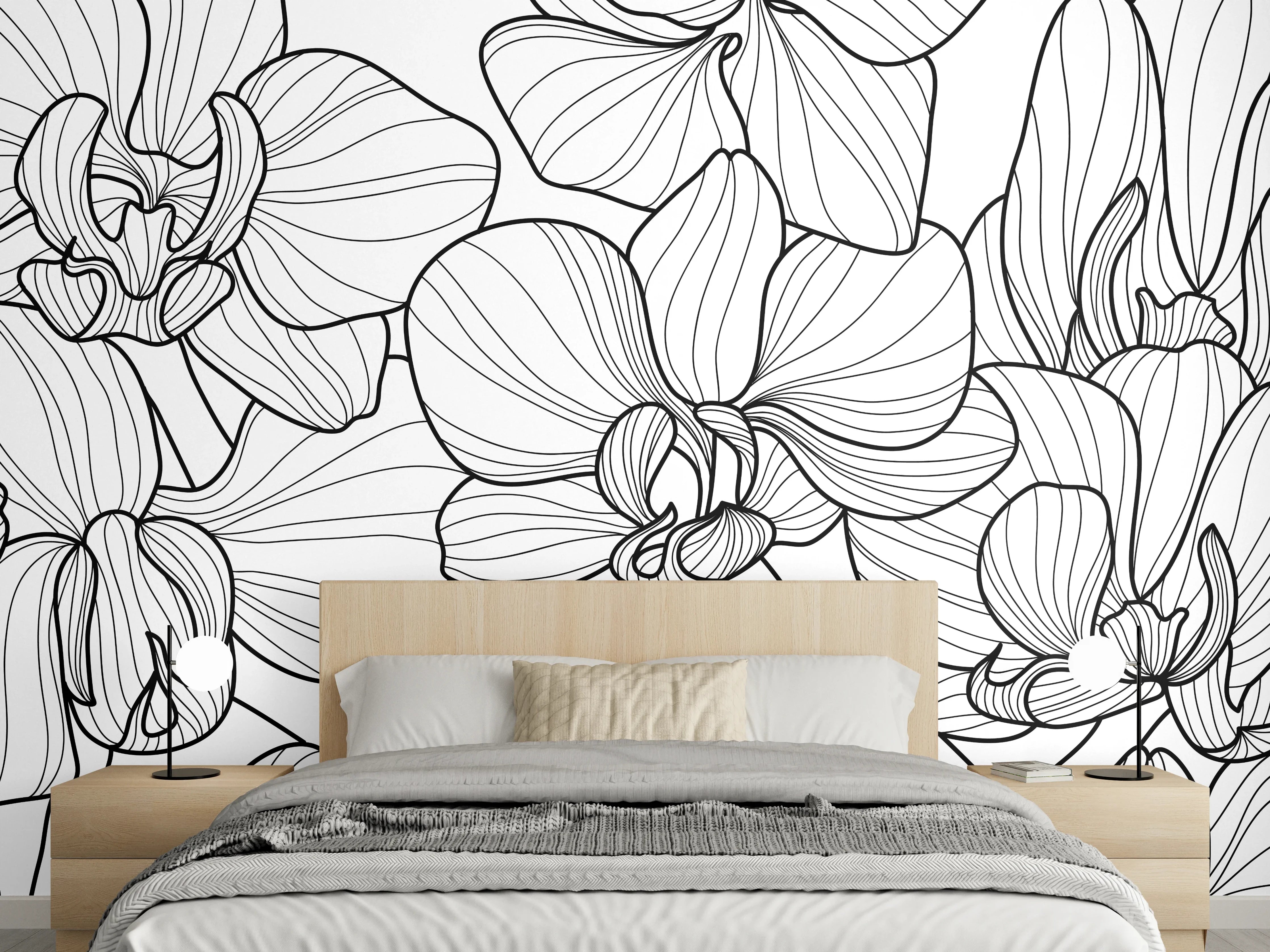 Wandverkleidung Schlafzimmer - Schwarz-Weiß Orchideenzeichnung