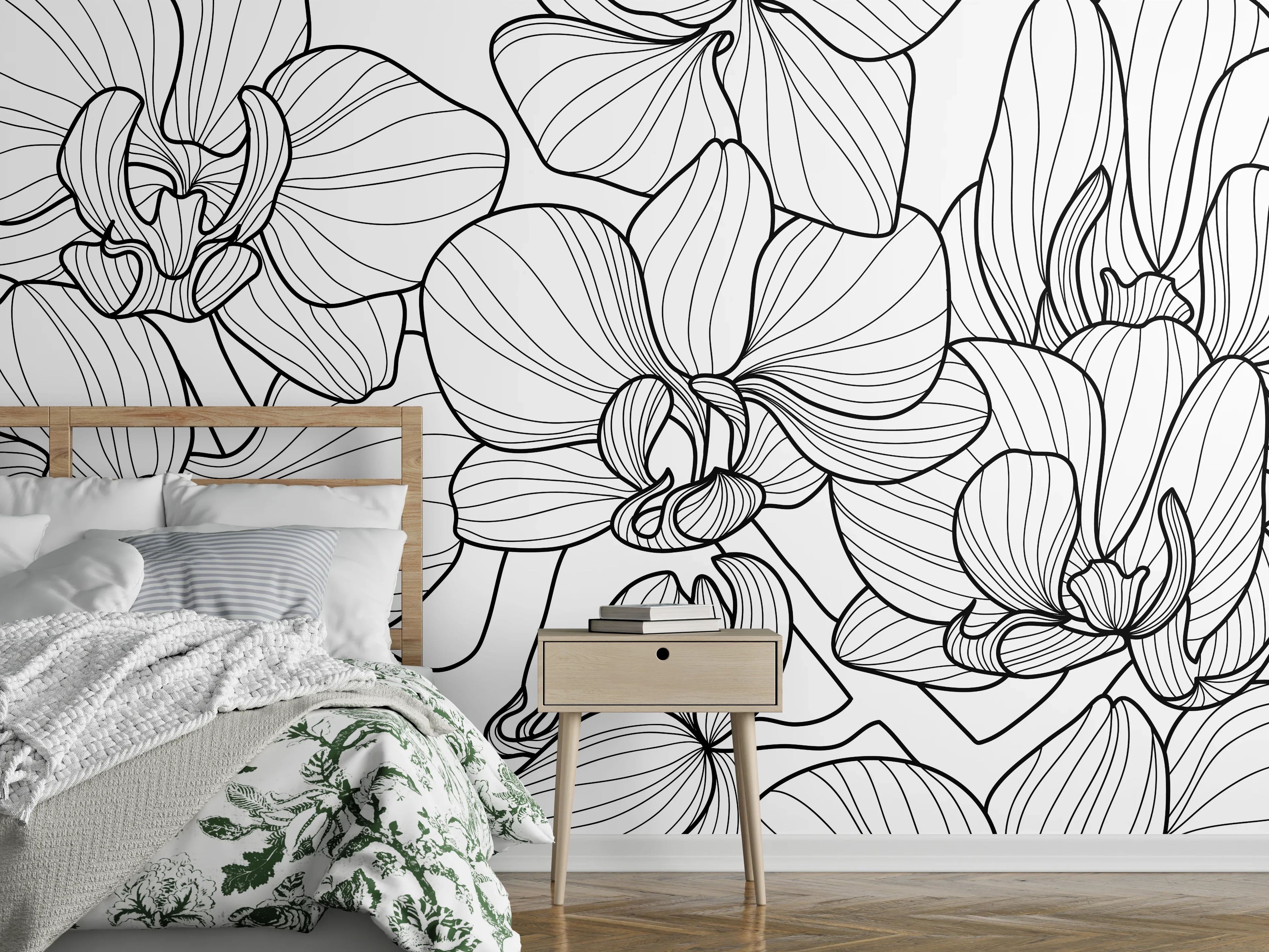 Wandverkleidung Schlafzimmer - Schwarz-Weiß Orchideenzeichnung