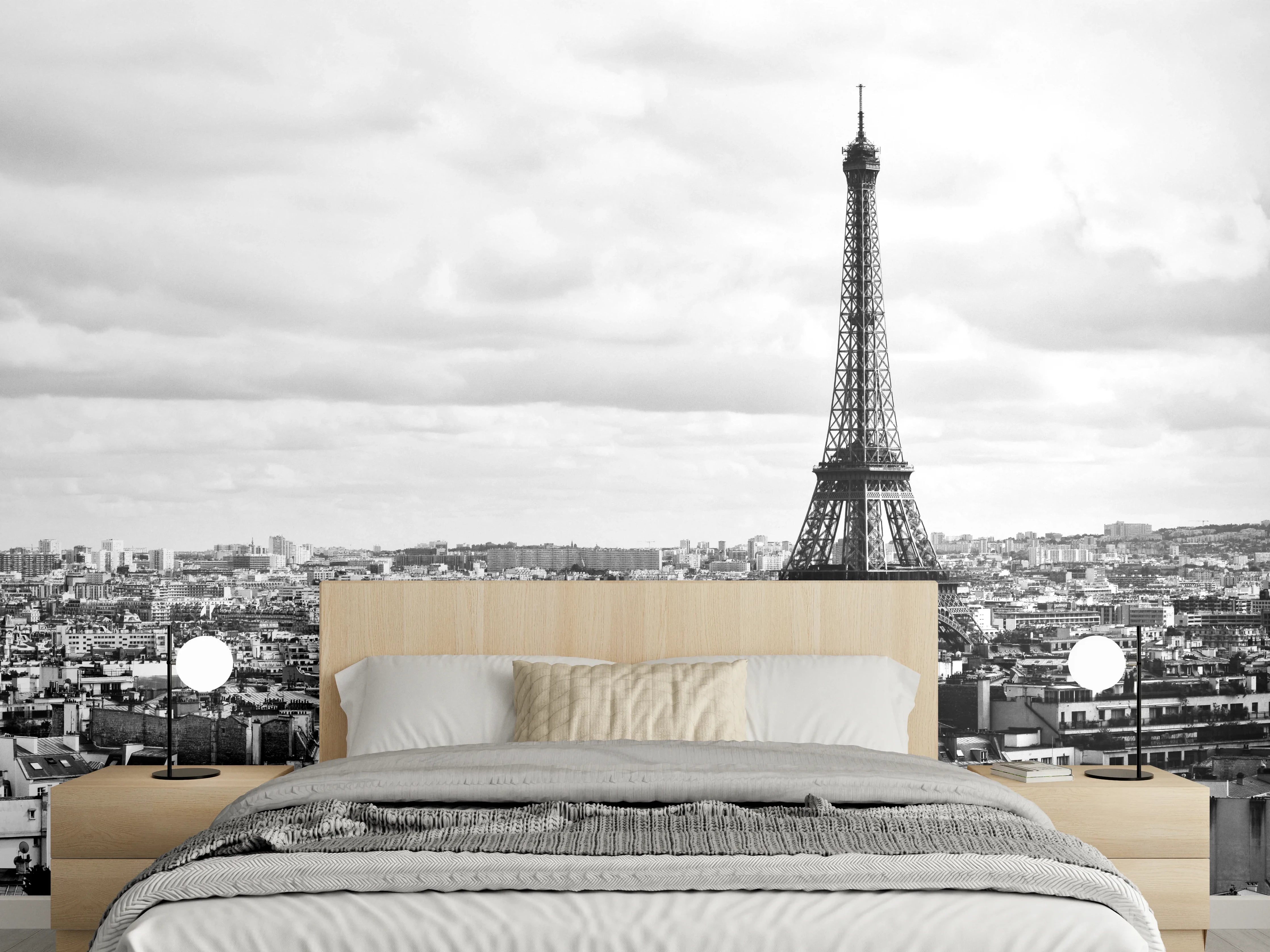 Wandverkleidung Schlafzimmer - Schwarz-Weiß Paris Skyline mit Eiffelturm