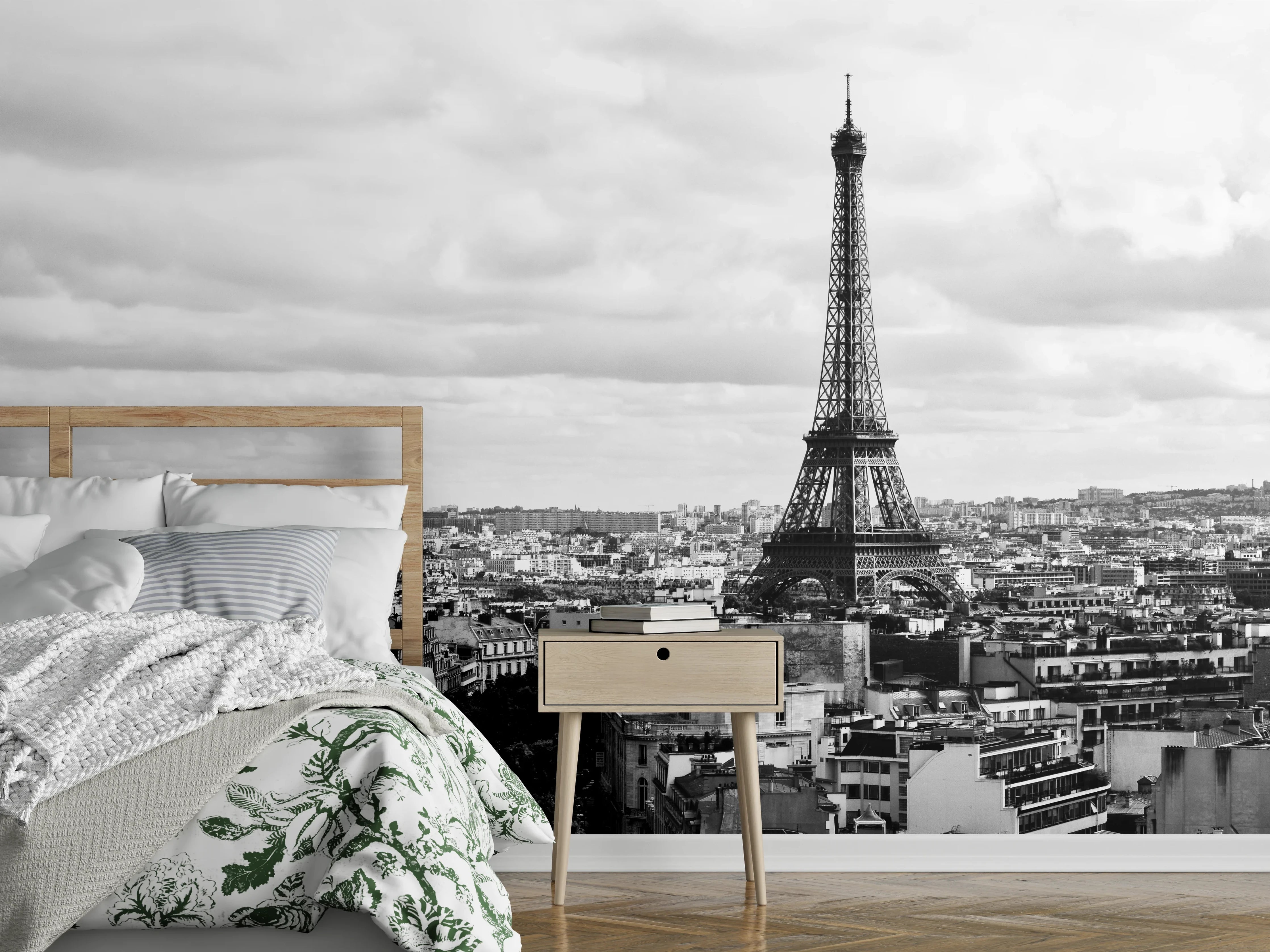 Wandverkleidung Schlafzimmer - Schwarz-Weiß Paris Skyline mit Eiffelturm