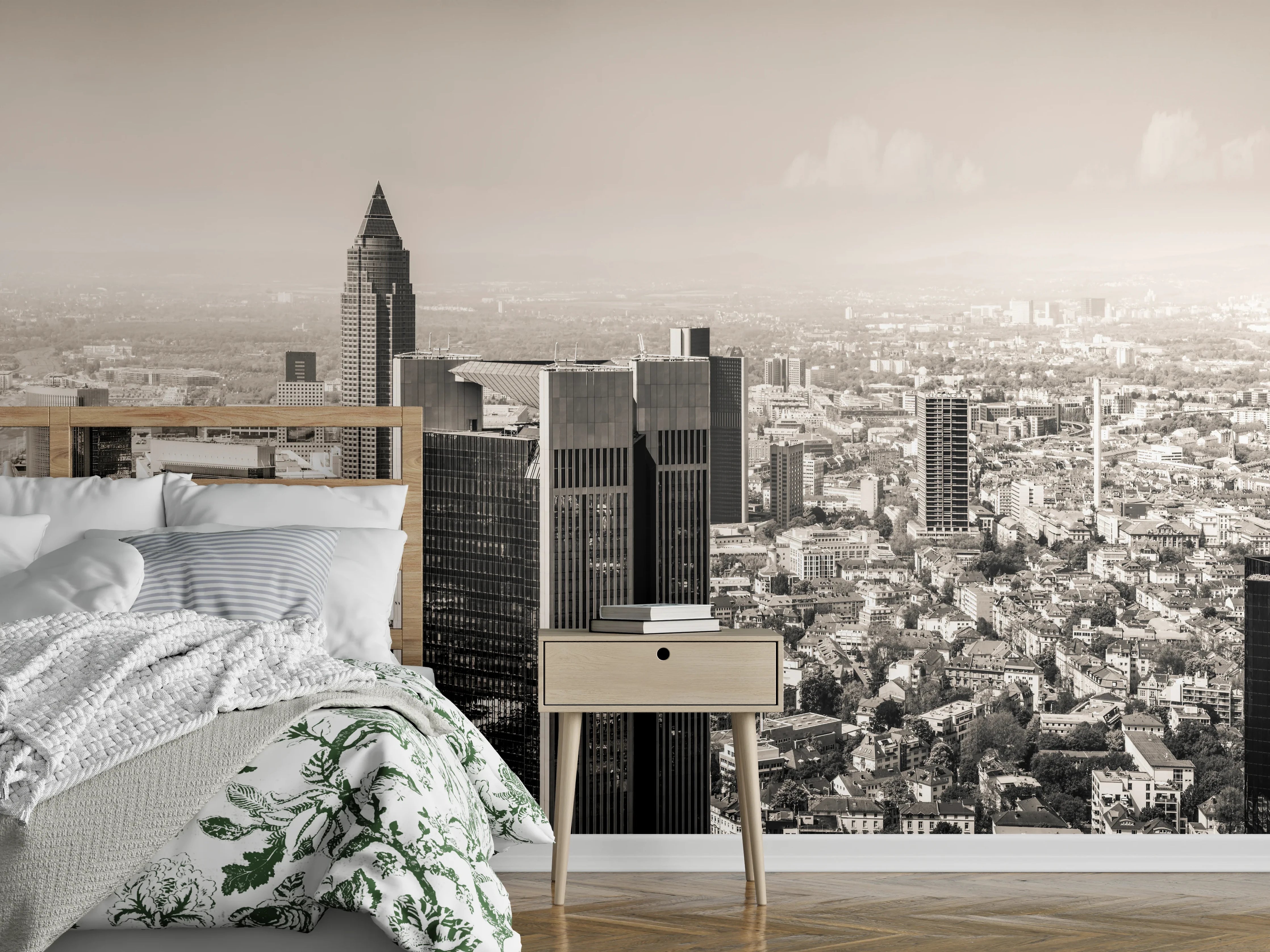 Wandverkleidung Schlafzimmer - Schwarz-Weiß Skyline Panorama