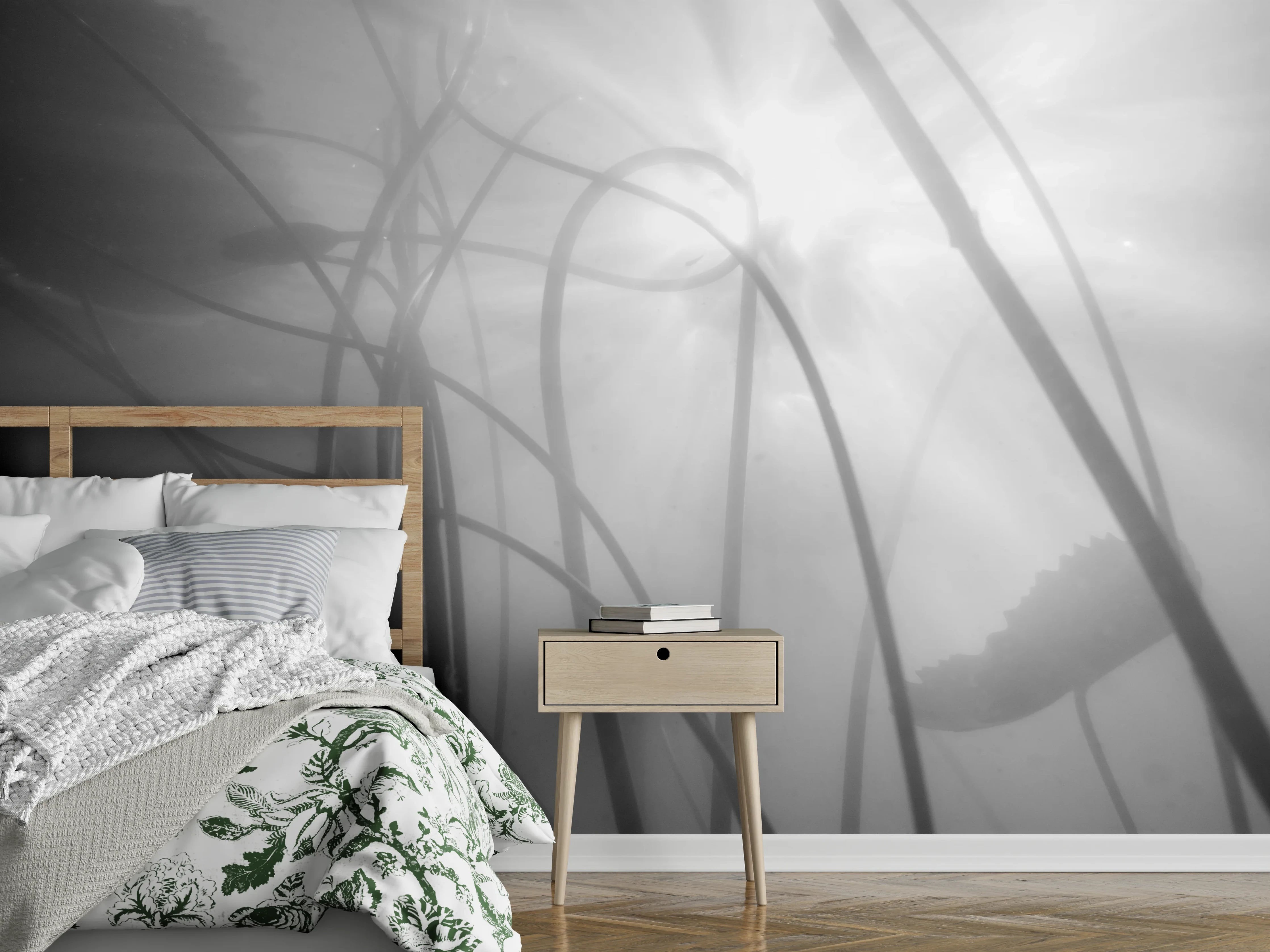 Wandverkleidung Schlafzimmer - Schwarz-Weiß Unterwasser Pflanzen Sonnenstrahlen