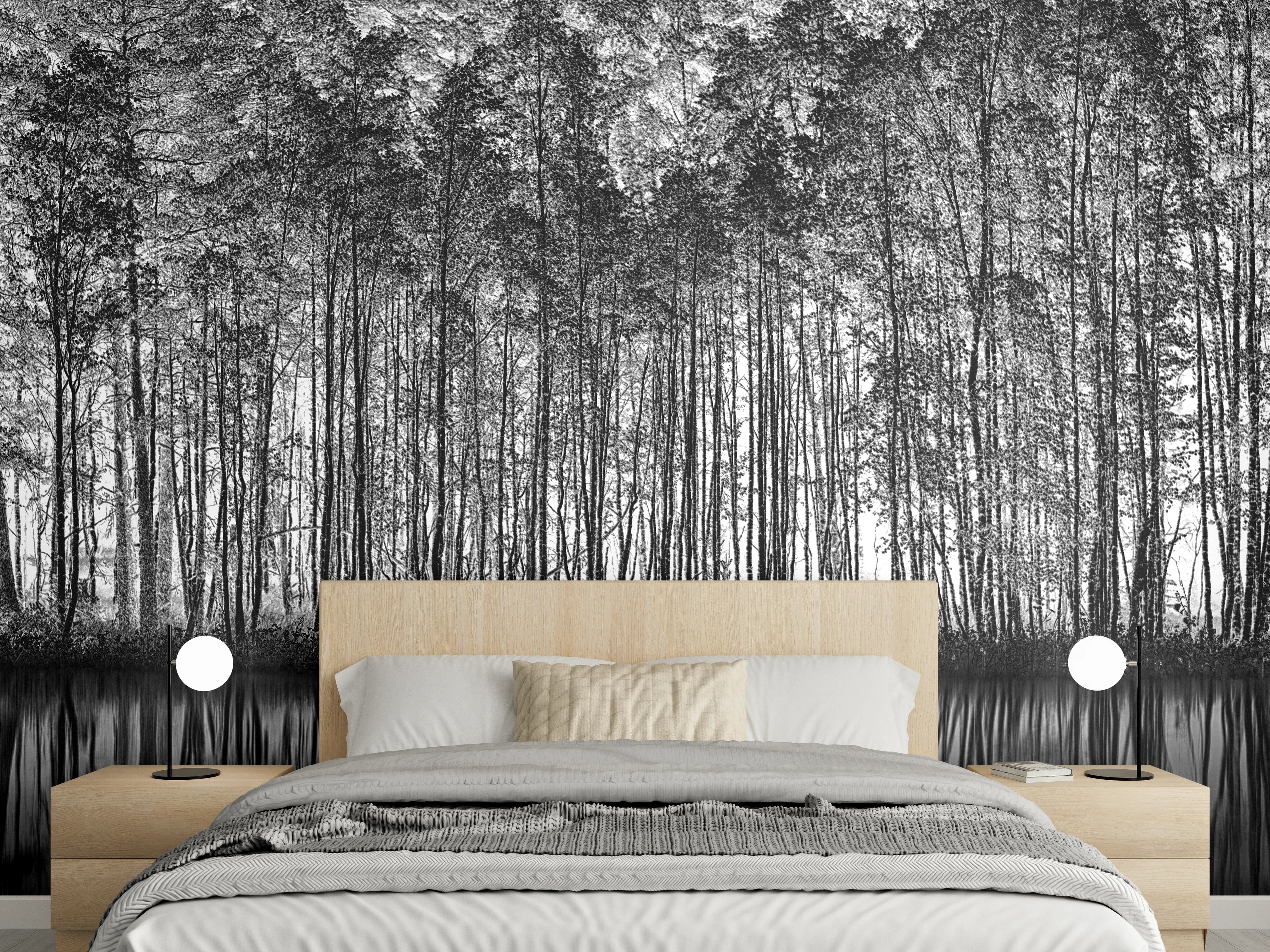 Wandverkleidung Schlafzimmer - Schwarz-Weiß Wald Spiegelung Panorama
