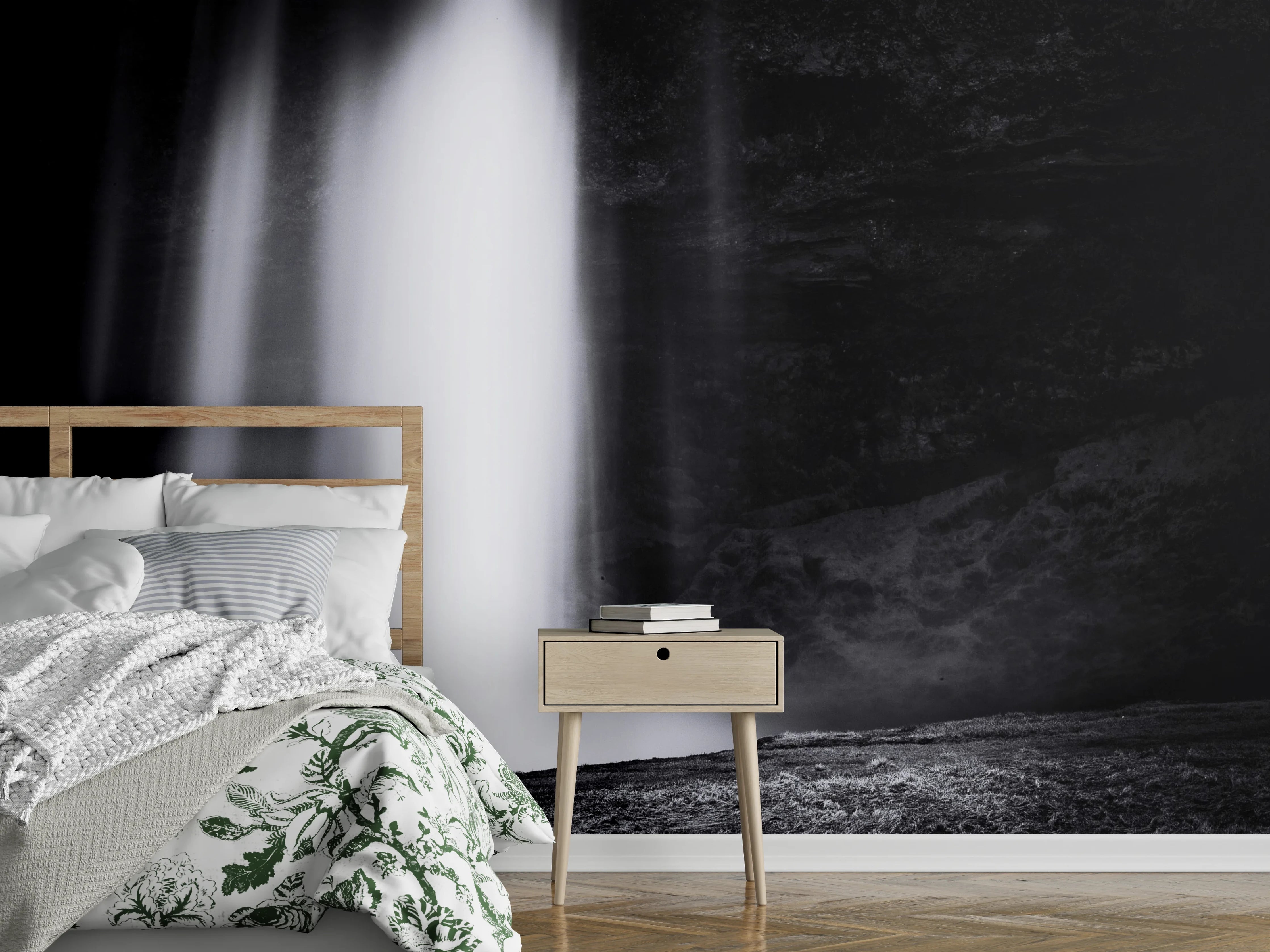 Wandverkleidung Schlafzimmer - Schwarz-Weiß Wasserfall Kunstfoto