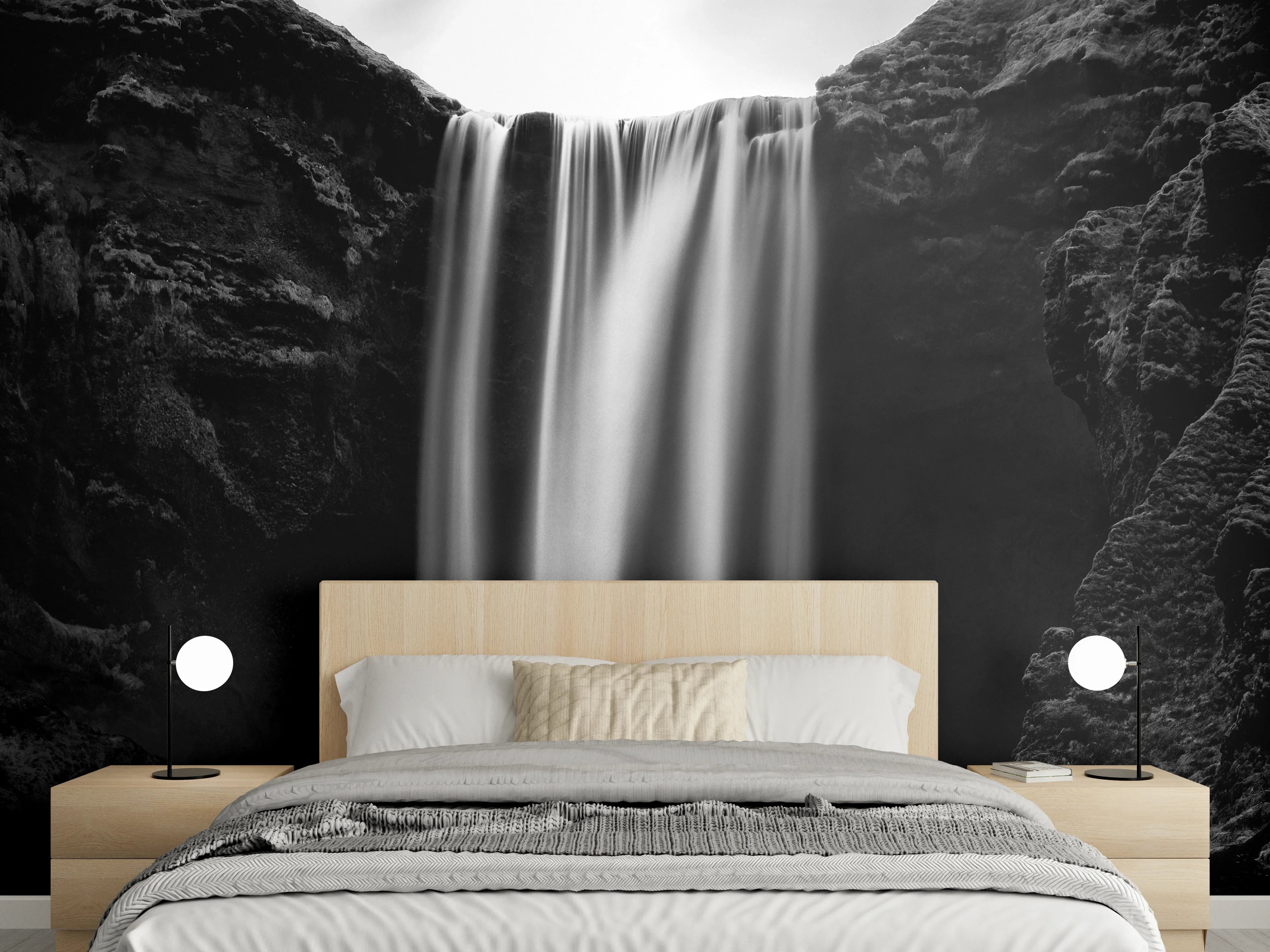 Wandverkleidung Schlafzimmer - Schwarz-Weiß Wasserfall Ruhe Naturmotiv