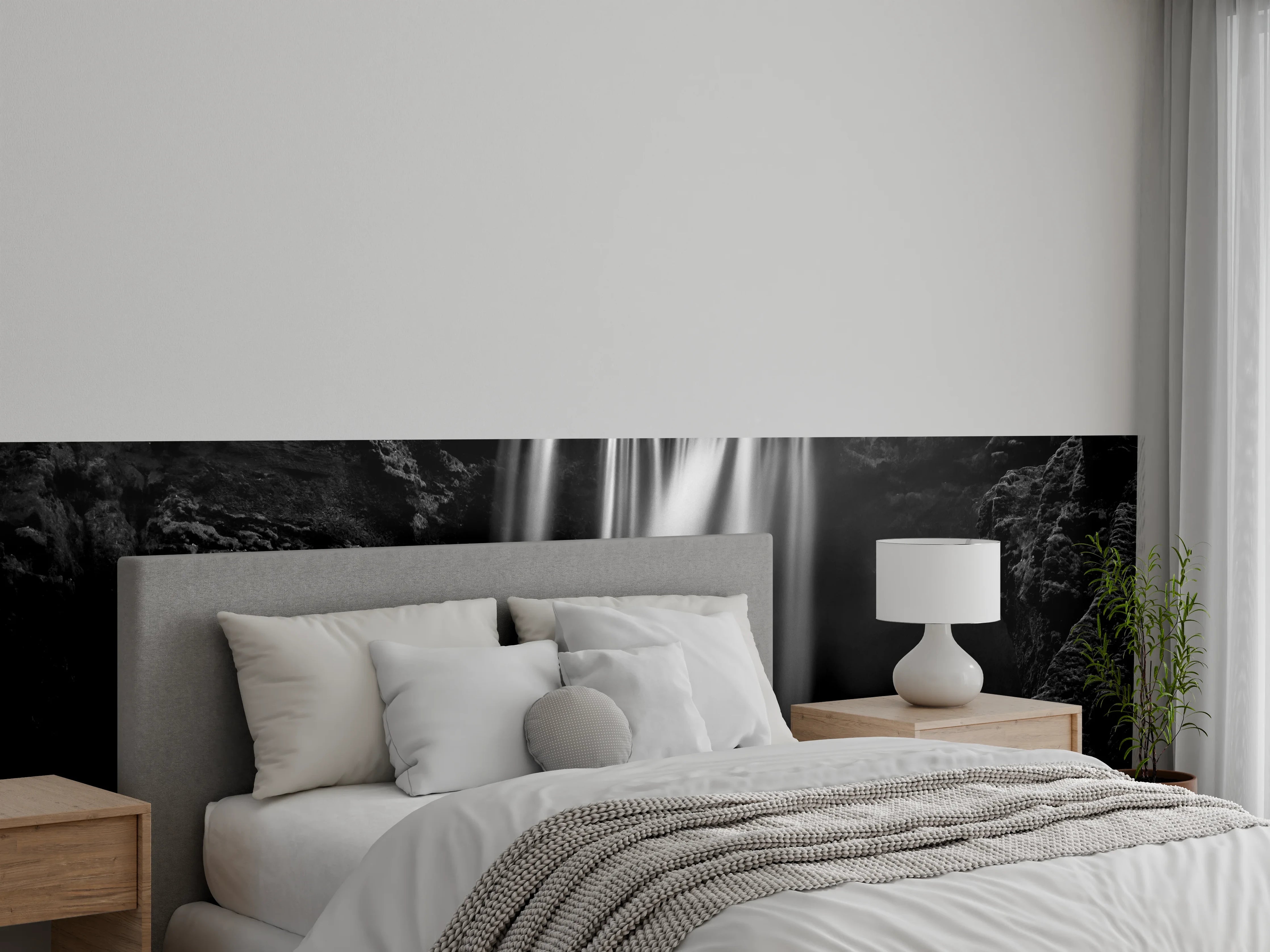 Wandverkleidung Schlafzimmer - Schwarz-Weiß Wasserfall Ruhe Naturmotiv