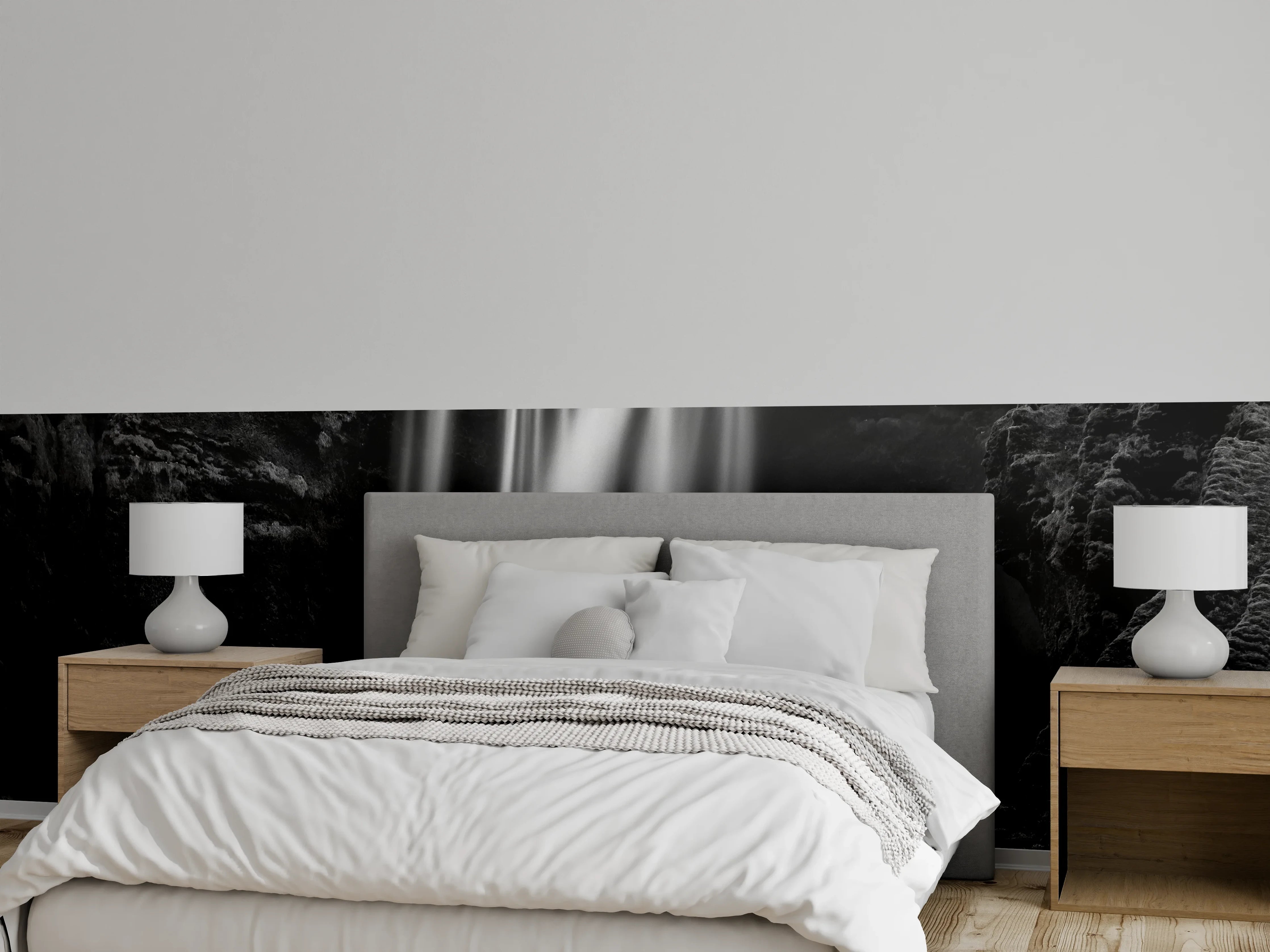 Wandverkleidung Schlafzimmer - Schwarz-Weiß Wasserfall Ruhe Naturmotiv