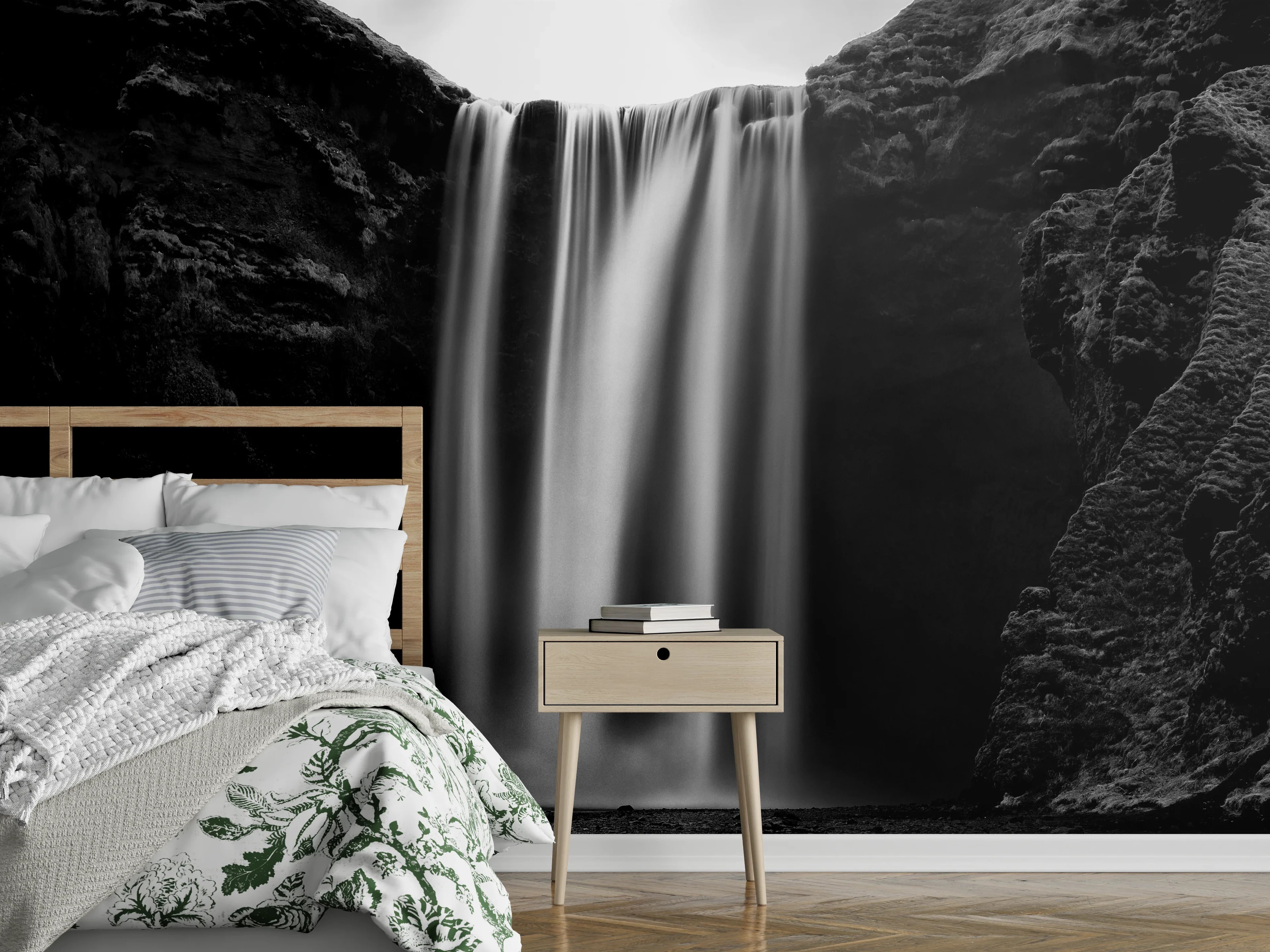 Wandverkleidung Schlafzimmer - Schwarz-Weiß Wasserfall Ruhe Naturmotiv