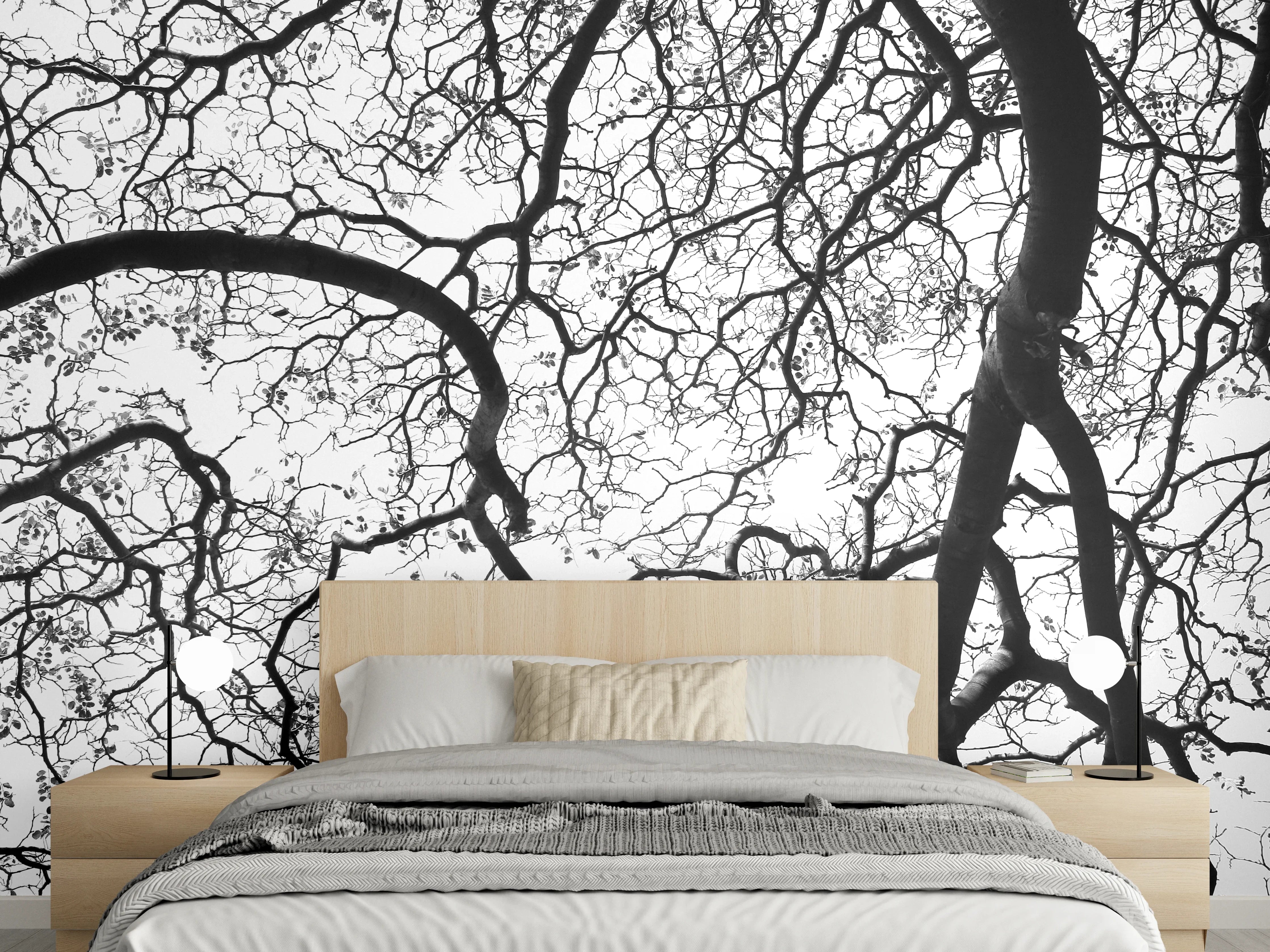 Wandverkleidung Schlafzimmer - Schwarz-Weiße Baumästemuster Fotokunst