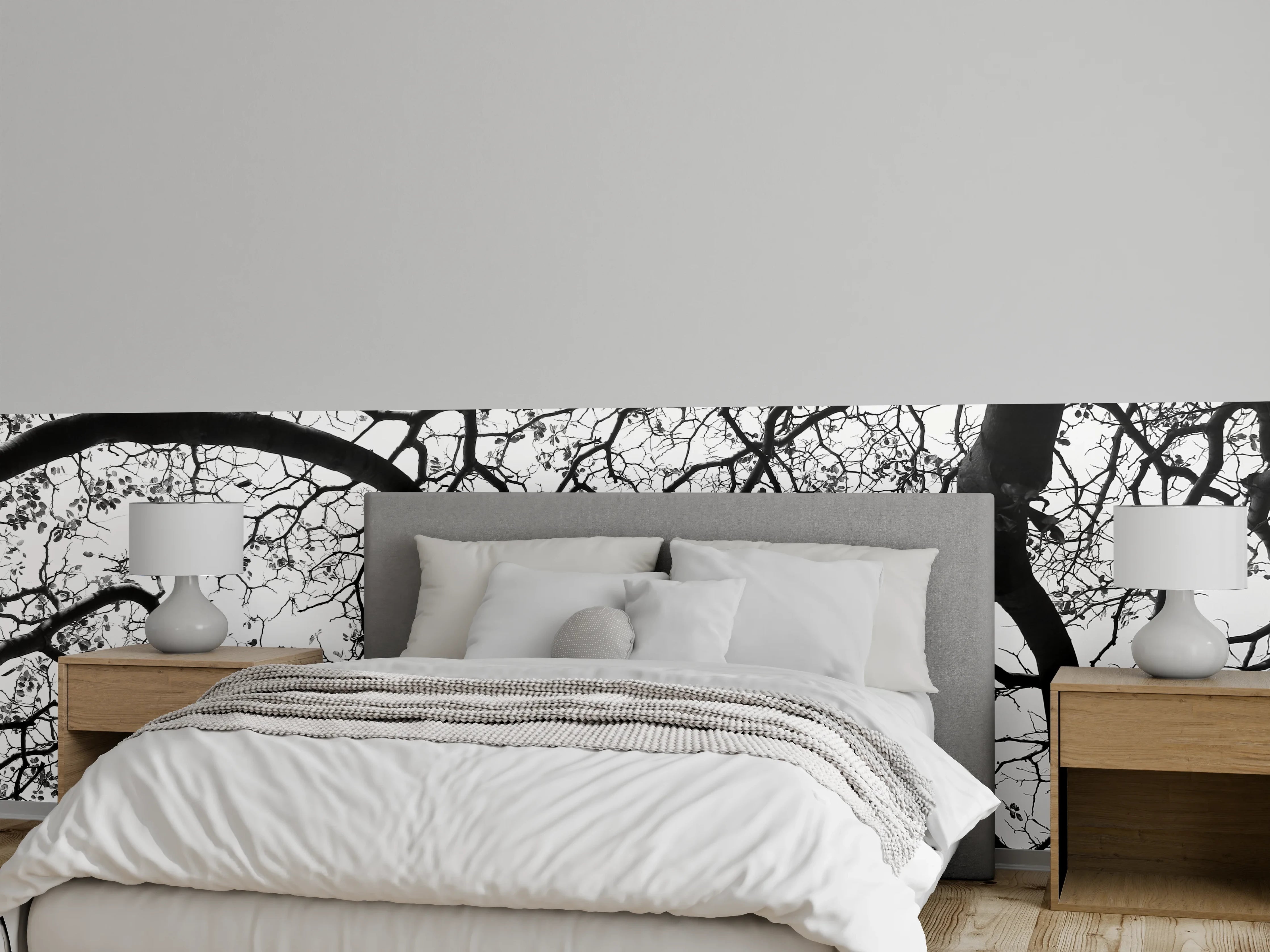Wandverkleidung Schlafzimmer - Schwarz-Weiße Baumästemuster Fotokunst