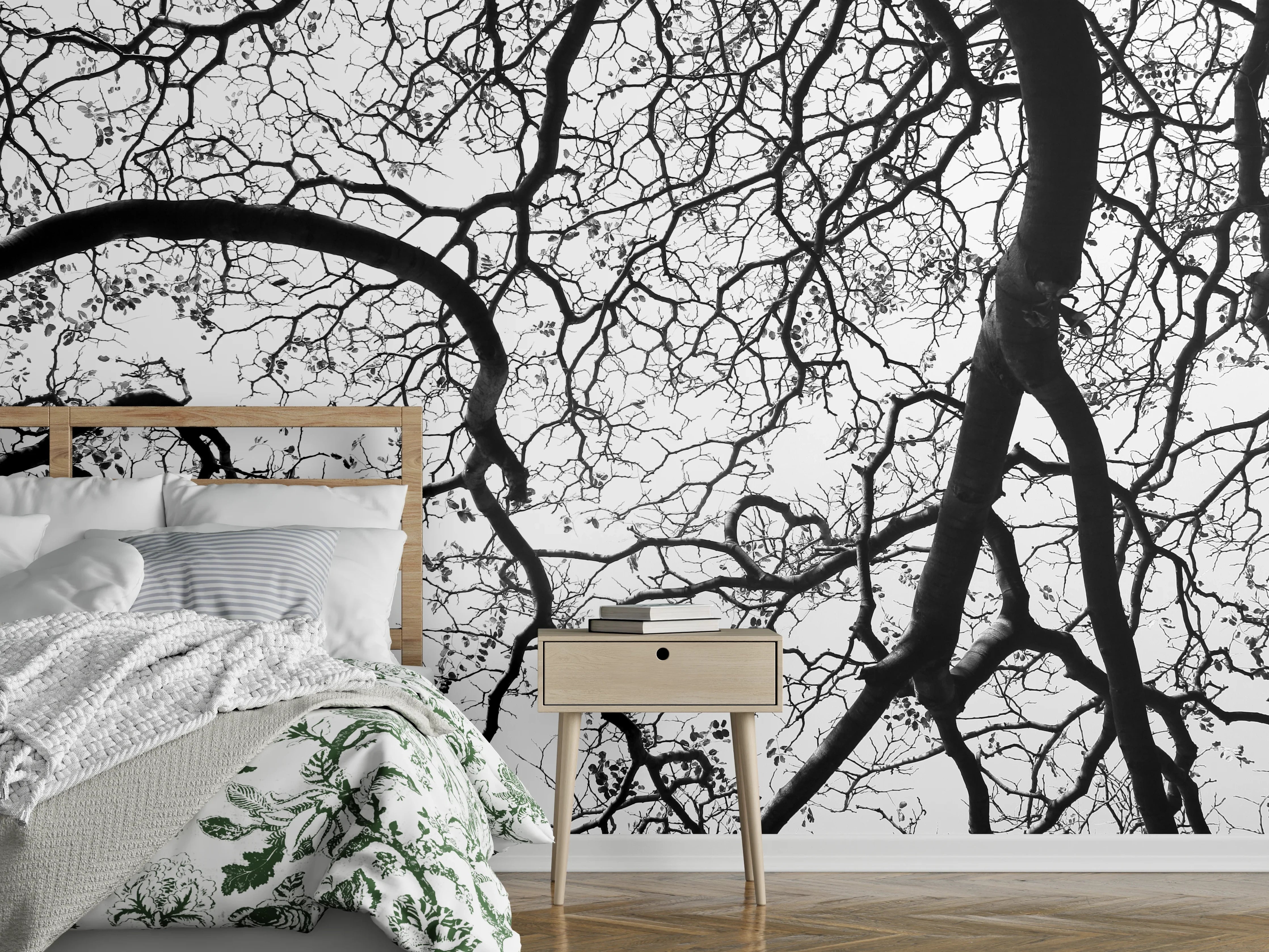 Wandverkleidung Schlafzimmer - Schwarz-Weiße Baumästemuster Fotokunst