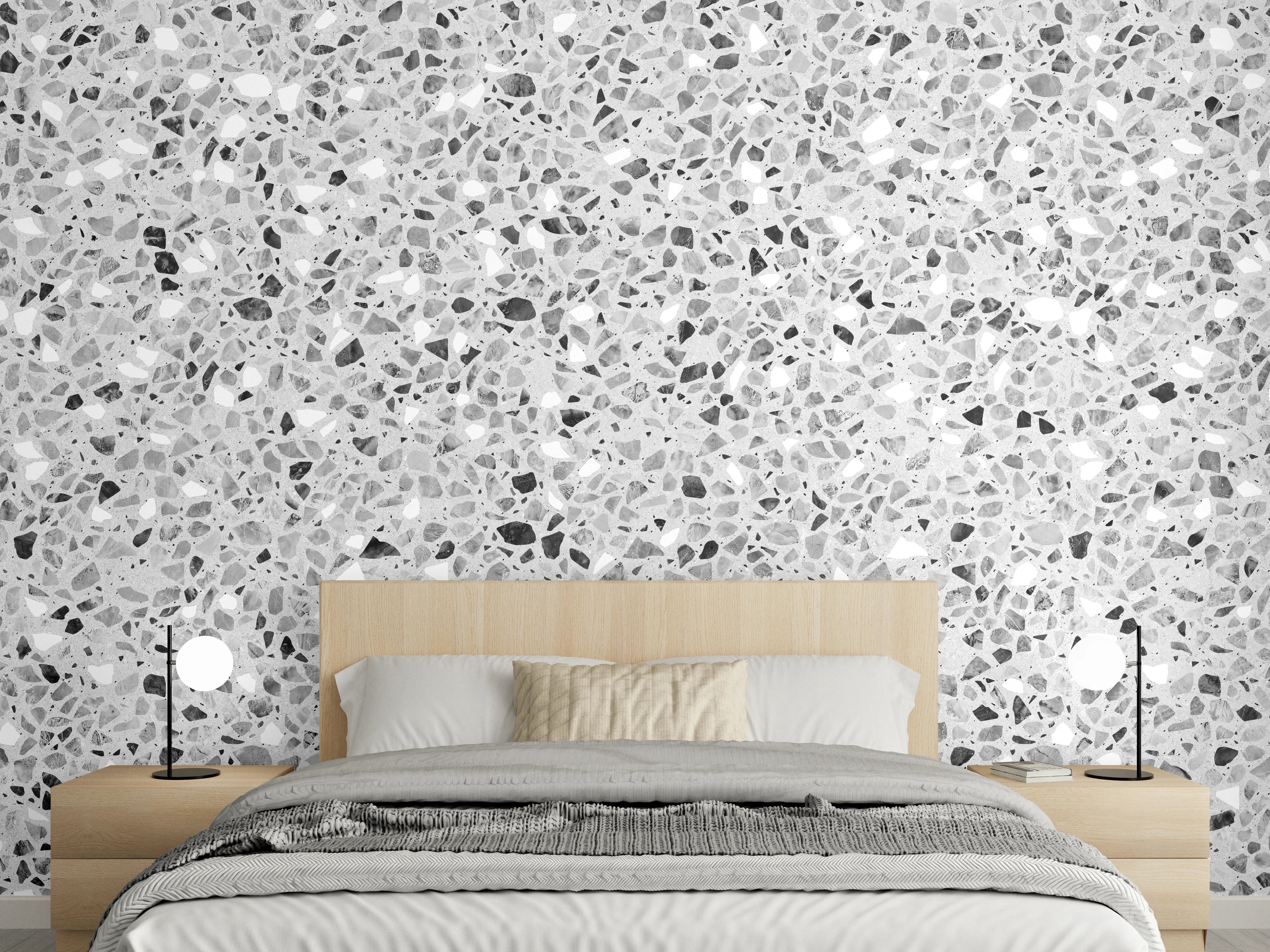 Wandverkleidung Schlafzimmer - Schwarz-Weiße graue Terrazzo Stein Textur