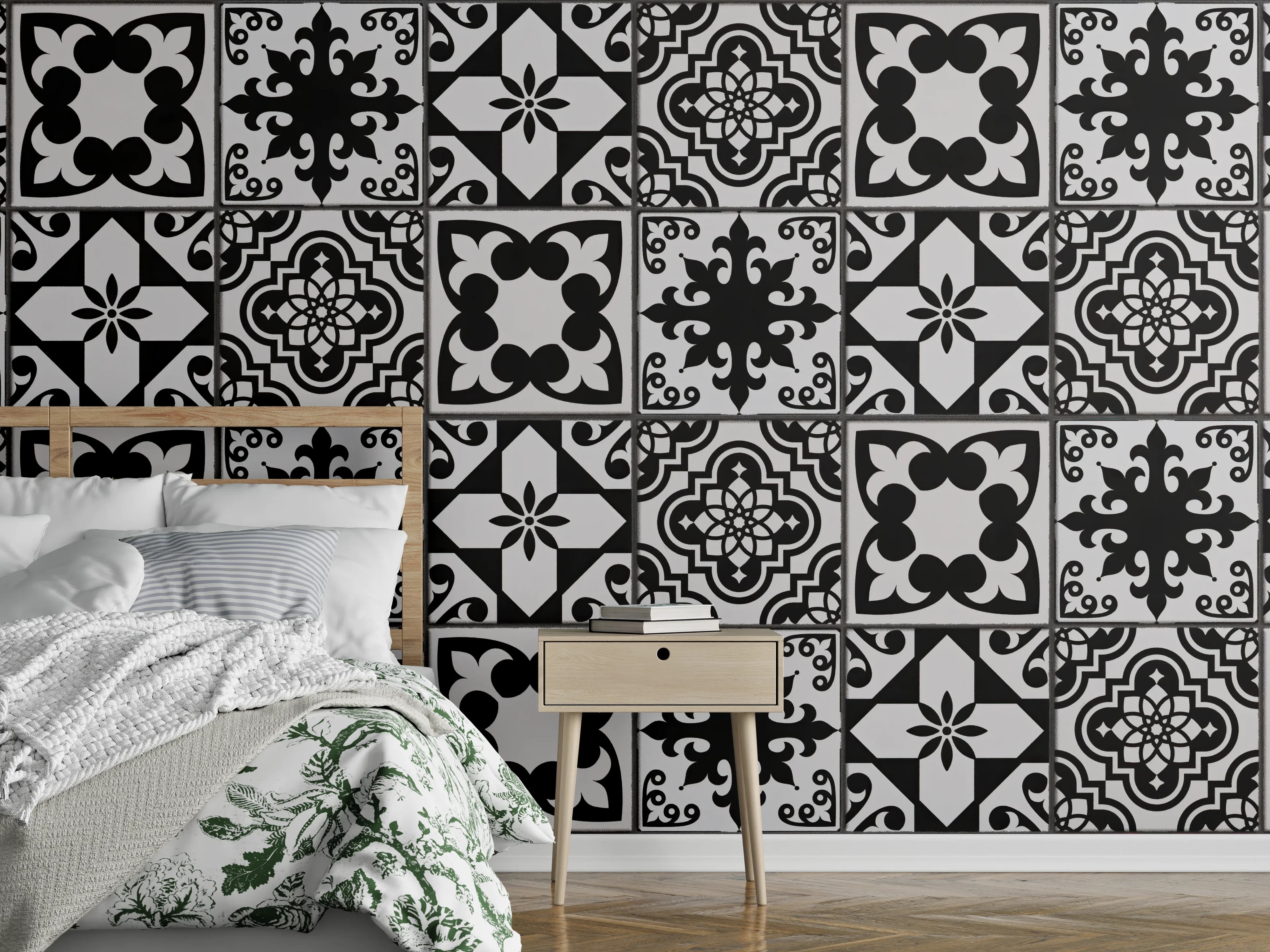 Wandverkleidung Schlafzimmer - Schwarz-grau Vintage Fliesen