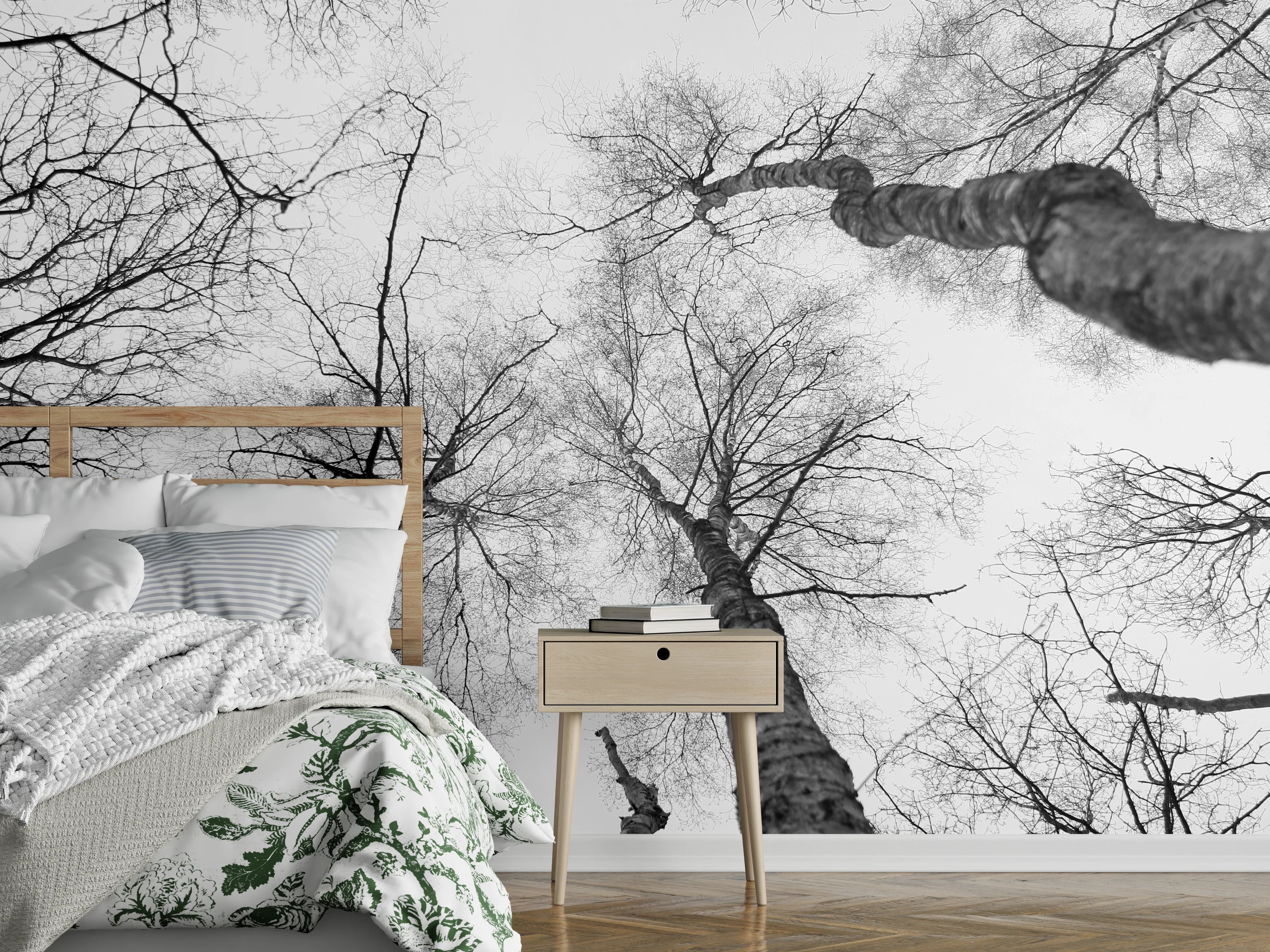 Wandverkleidung Schlafzimmer - Schwarz-weiße Baumkronen Fotografie