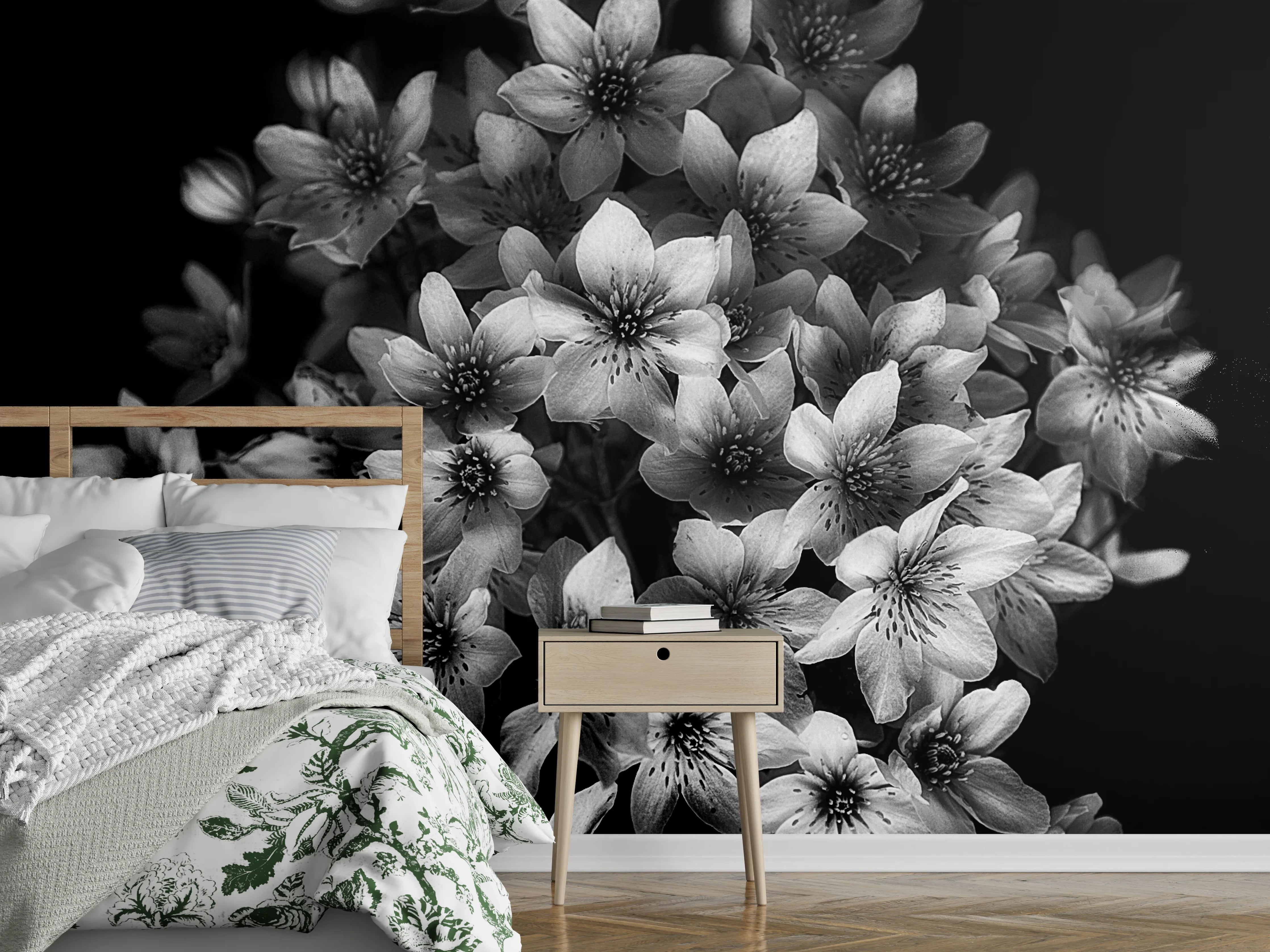 Wandverkleidung Schlafzimmer - Schwarz-weiße Blütenpracht Fotografie