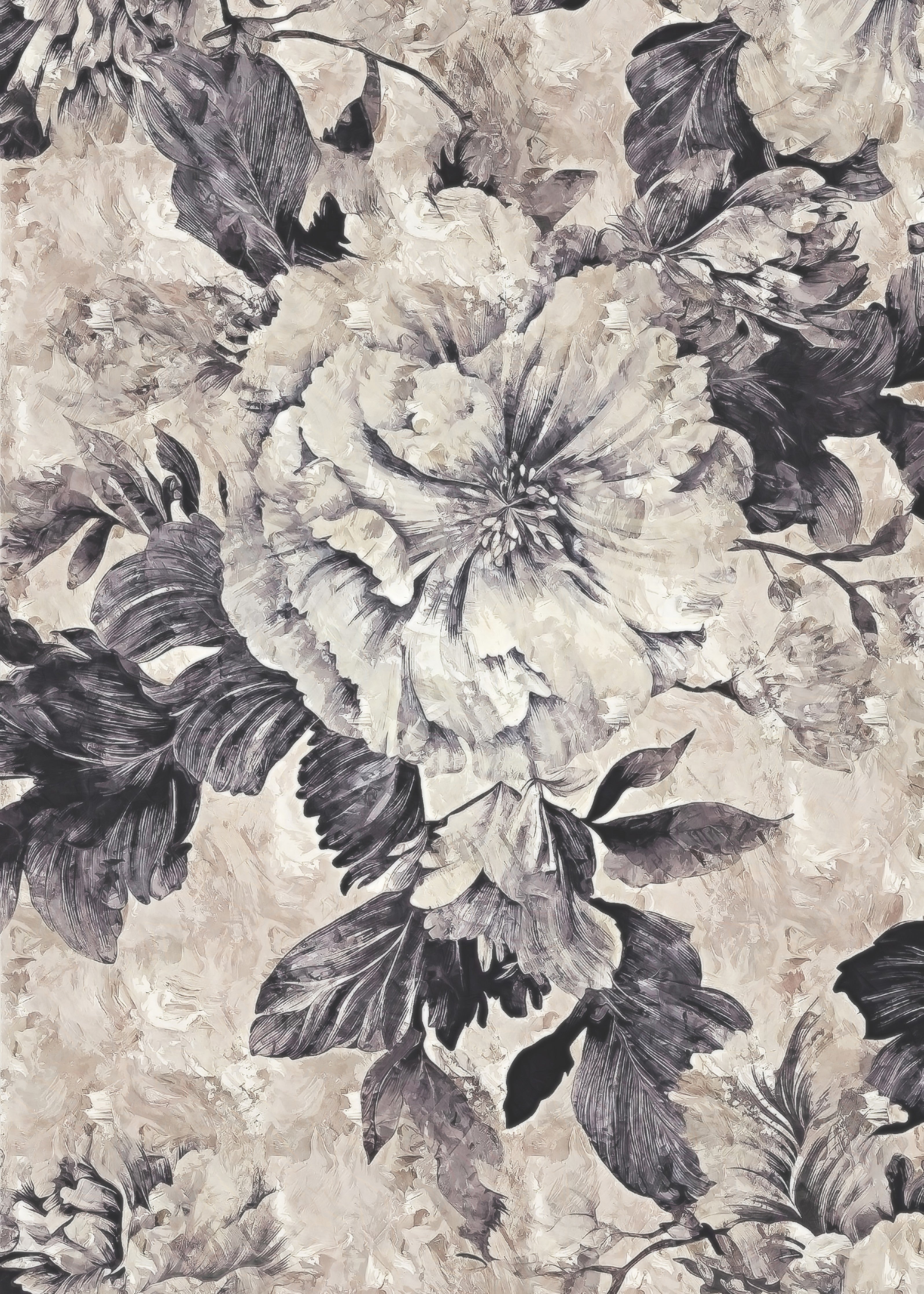 Wandverkleidung Schlafzimmer-Schwarz-weiße Blumenmalerei auf Beige