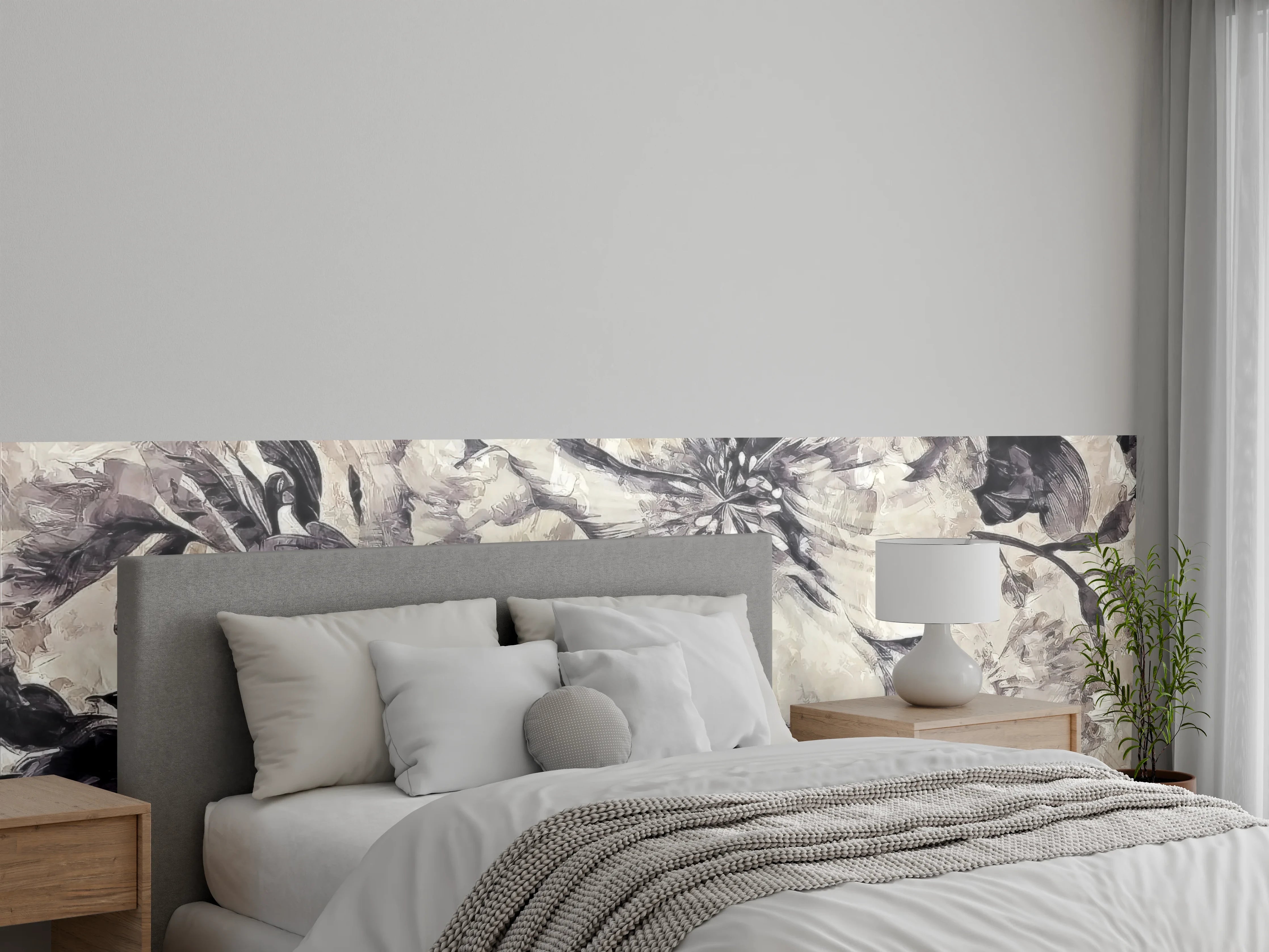 Wandverkleidung Schlafzimmer - Schwarz-weiße Blumenmalerei auf Beige