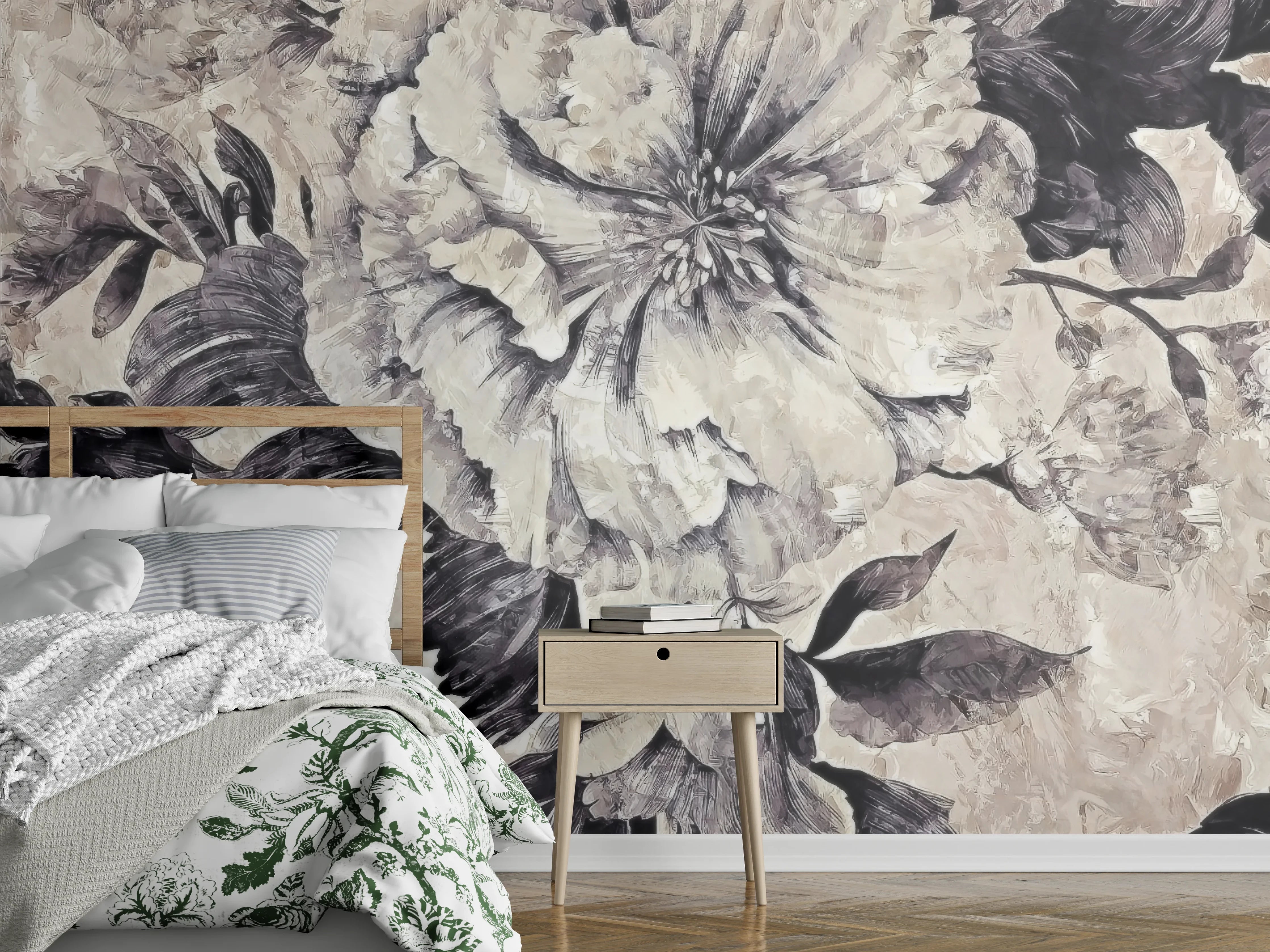 Wandverkleidung Schlafzimmer - Schwarz-weiße Blumenmalerei auf Beige