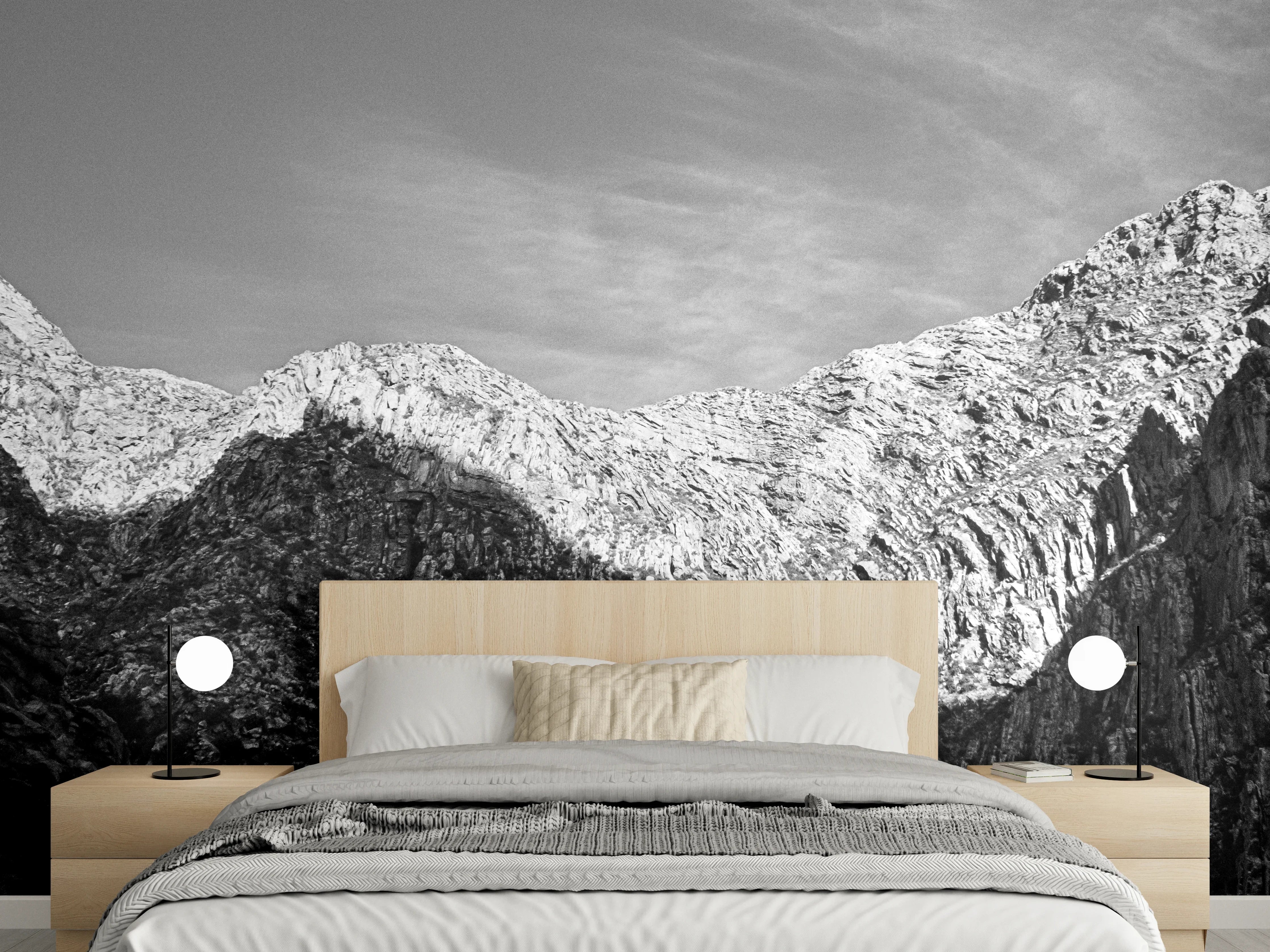 Wandverkleidung Schlafzimmer - Schwarz-weiße Gebirgslandschaft mit Felsen