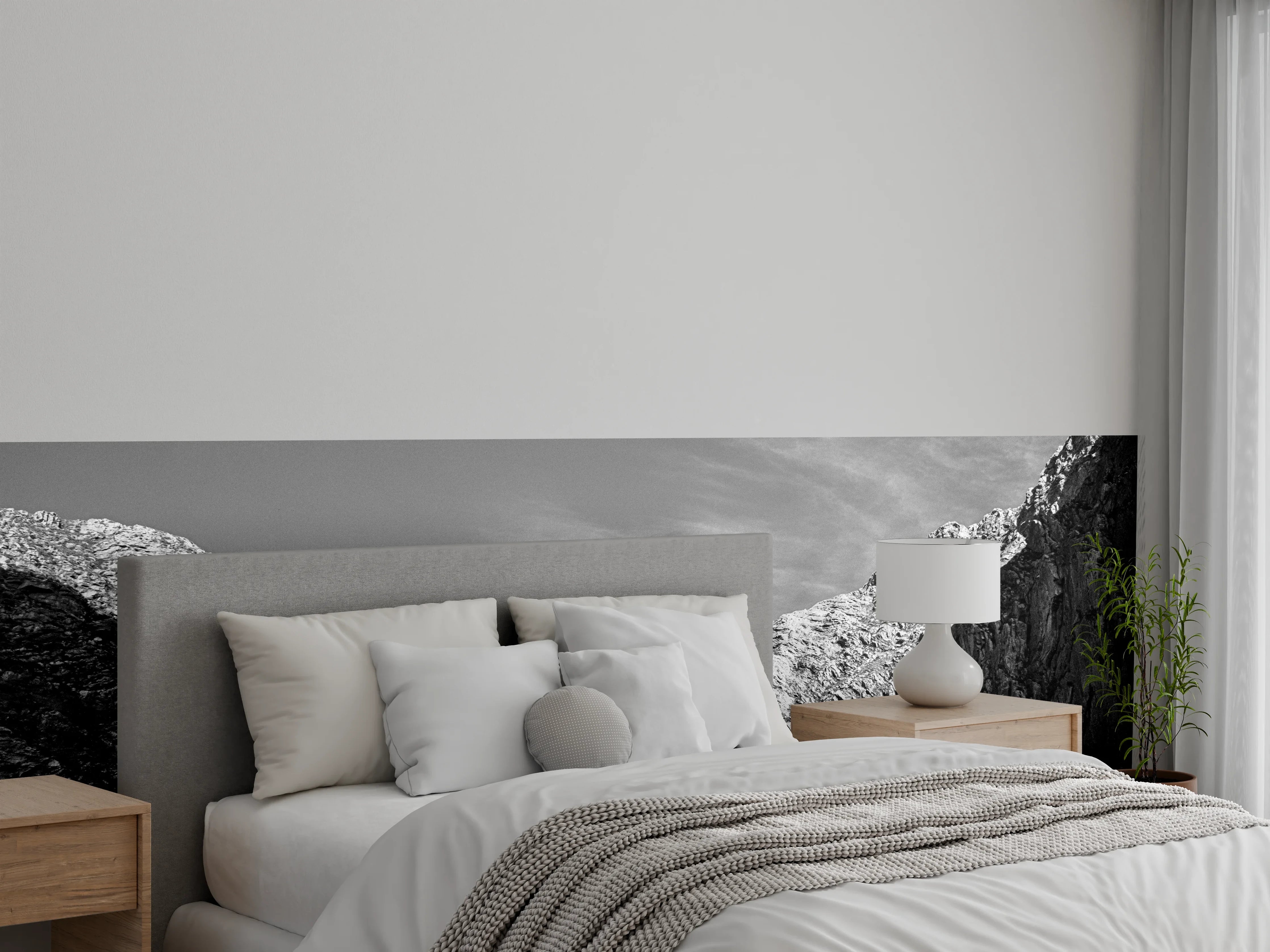 Wandverkleidung Schlafzimmer - Schwarz-weiße Gebirgslandschaft mit Felsen