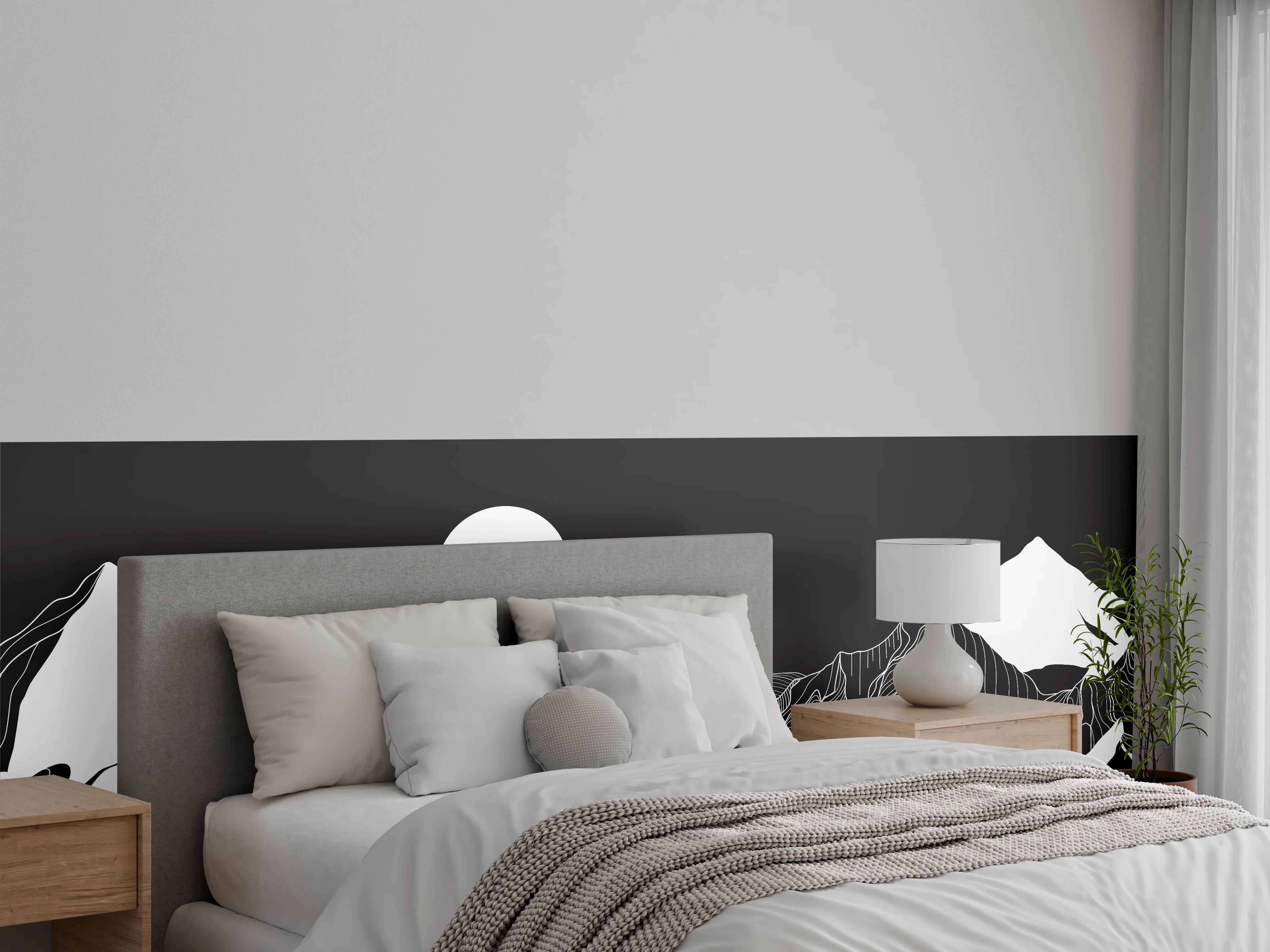 Wandverkleidung Schlafzimmer - Schwarz-weiße Lineart Berglandschaft Kunst