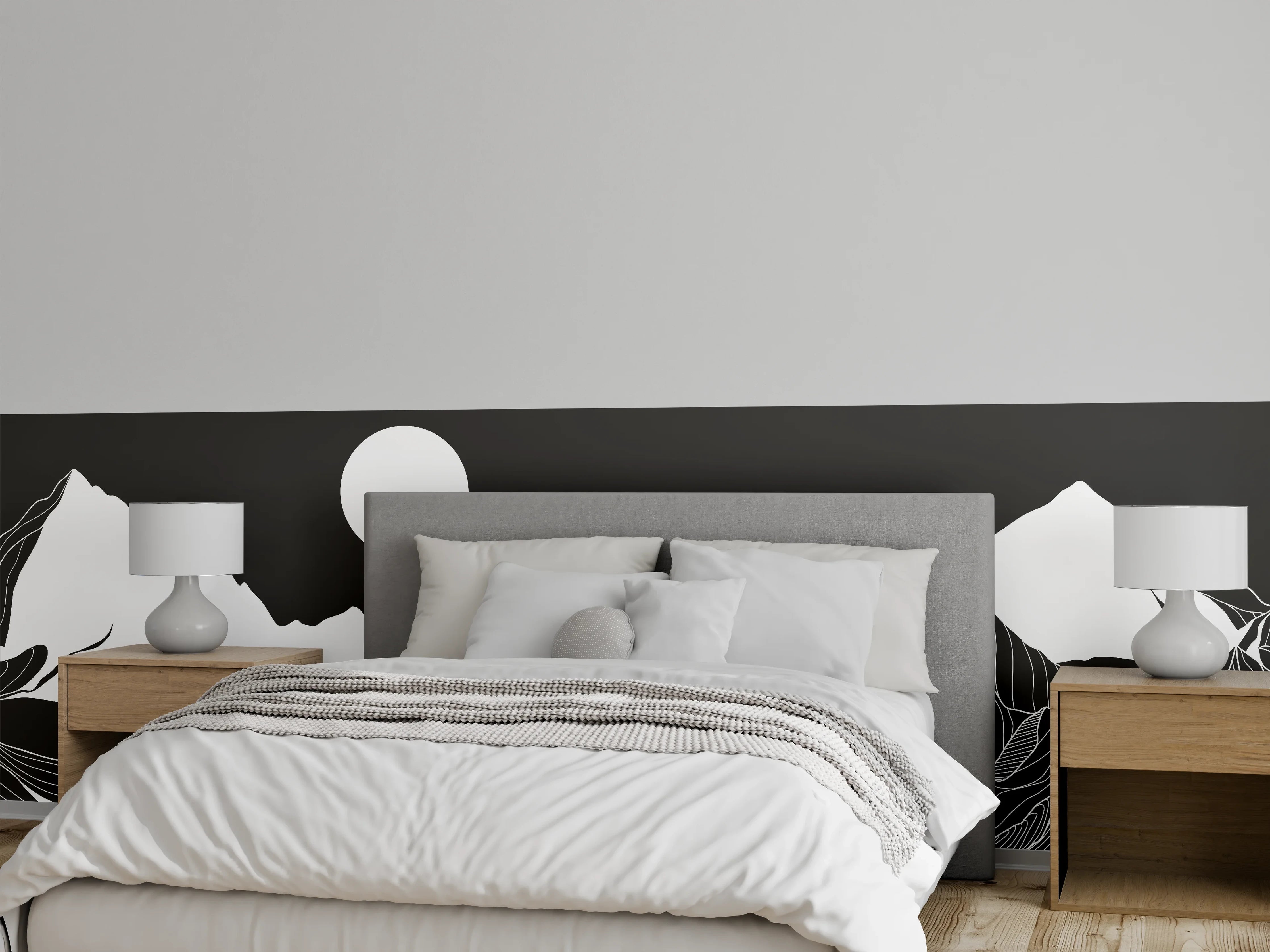 Wandverkleidung Schlafzimmer - Schwarz-weiße Lineart Berglandschaft Kunst