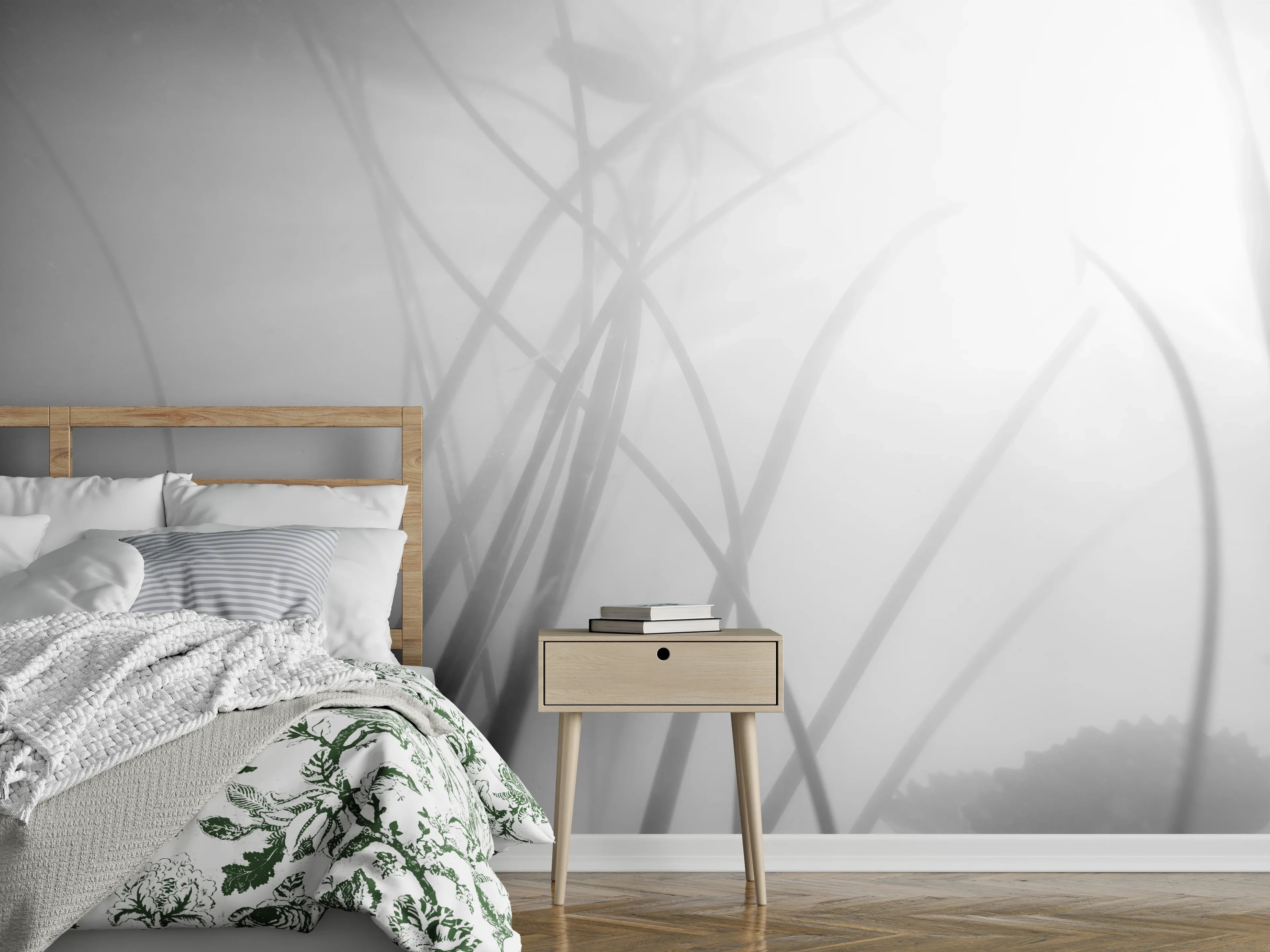 Wandverkleidung Schlafzimmer - Schwarz-weiße Pflanzen im Nebel-Licht