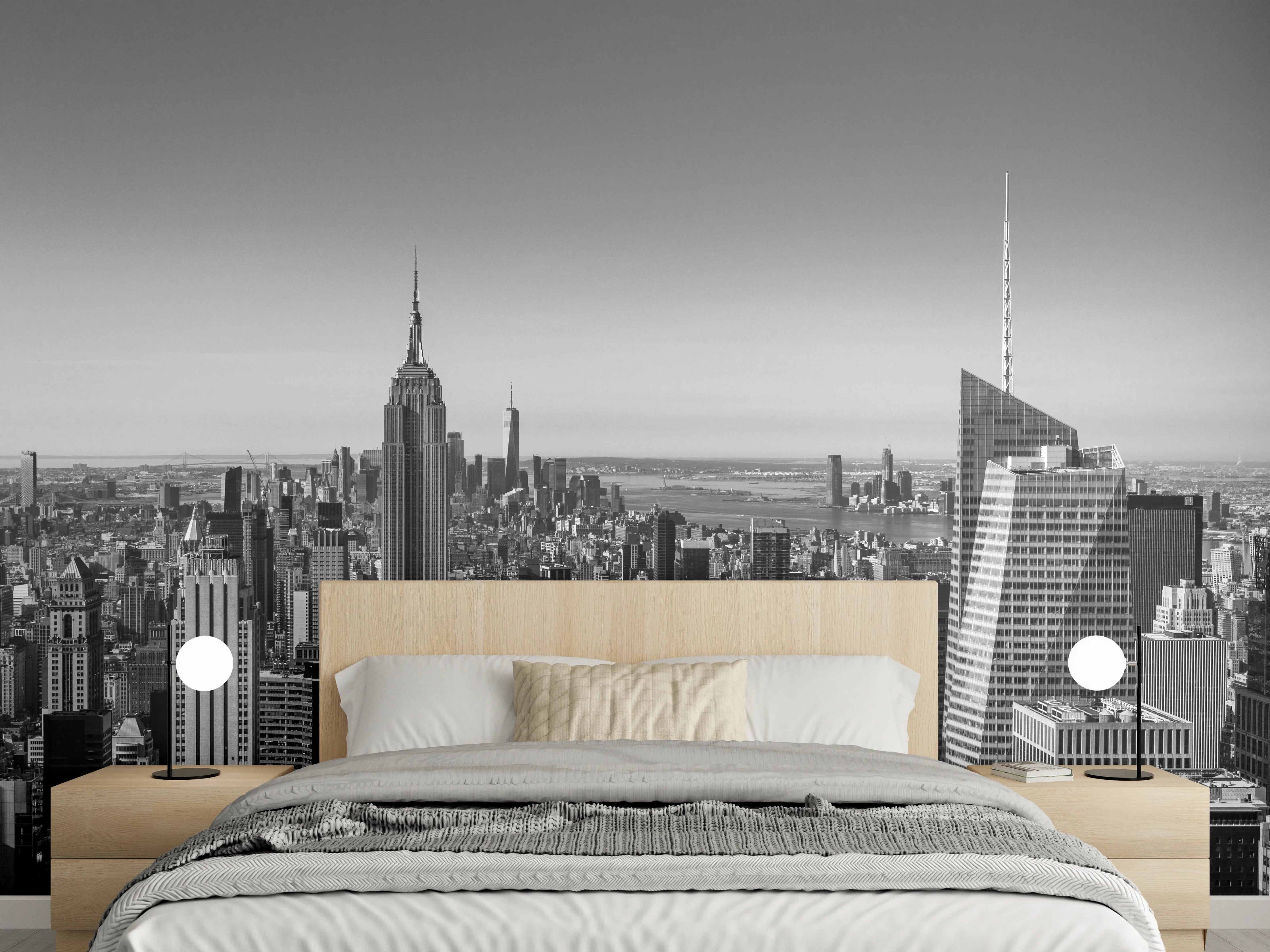 Wandverkleidung Schlafzimmer - Schwarz-weiße Skyline New York Wandbild