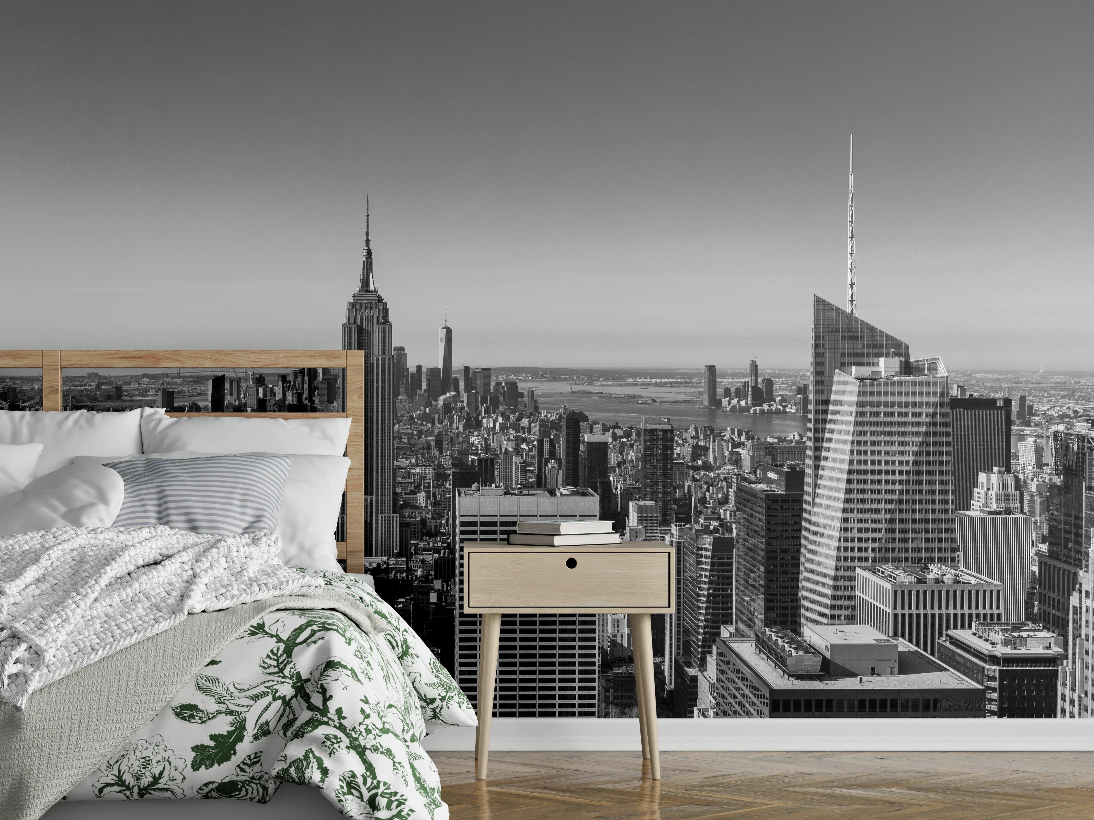 Wandverkleidung Schlafzimmer - Schwarz-weiße Skyline New York Wandbild