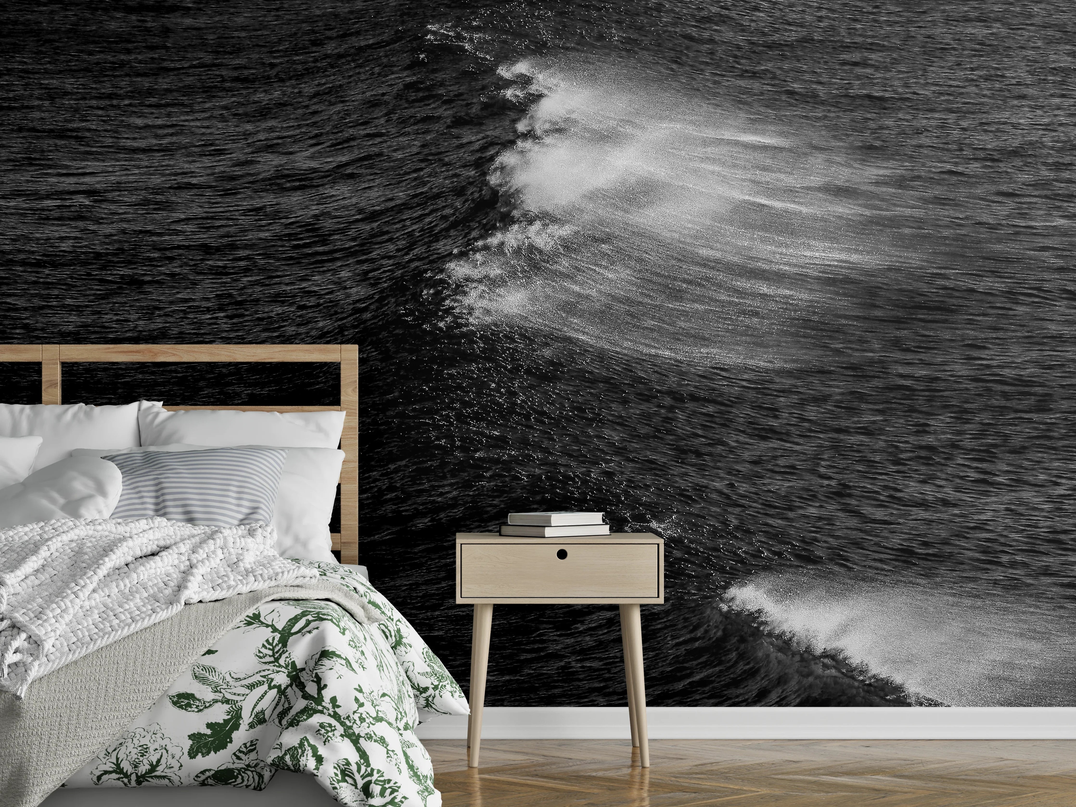 Wandverkleidung Schlafzimmer - Schwarz-weiße Wellenbewegung Fotokunst