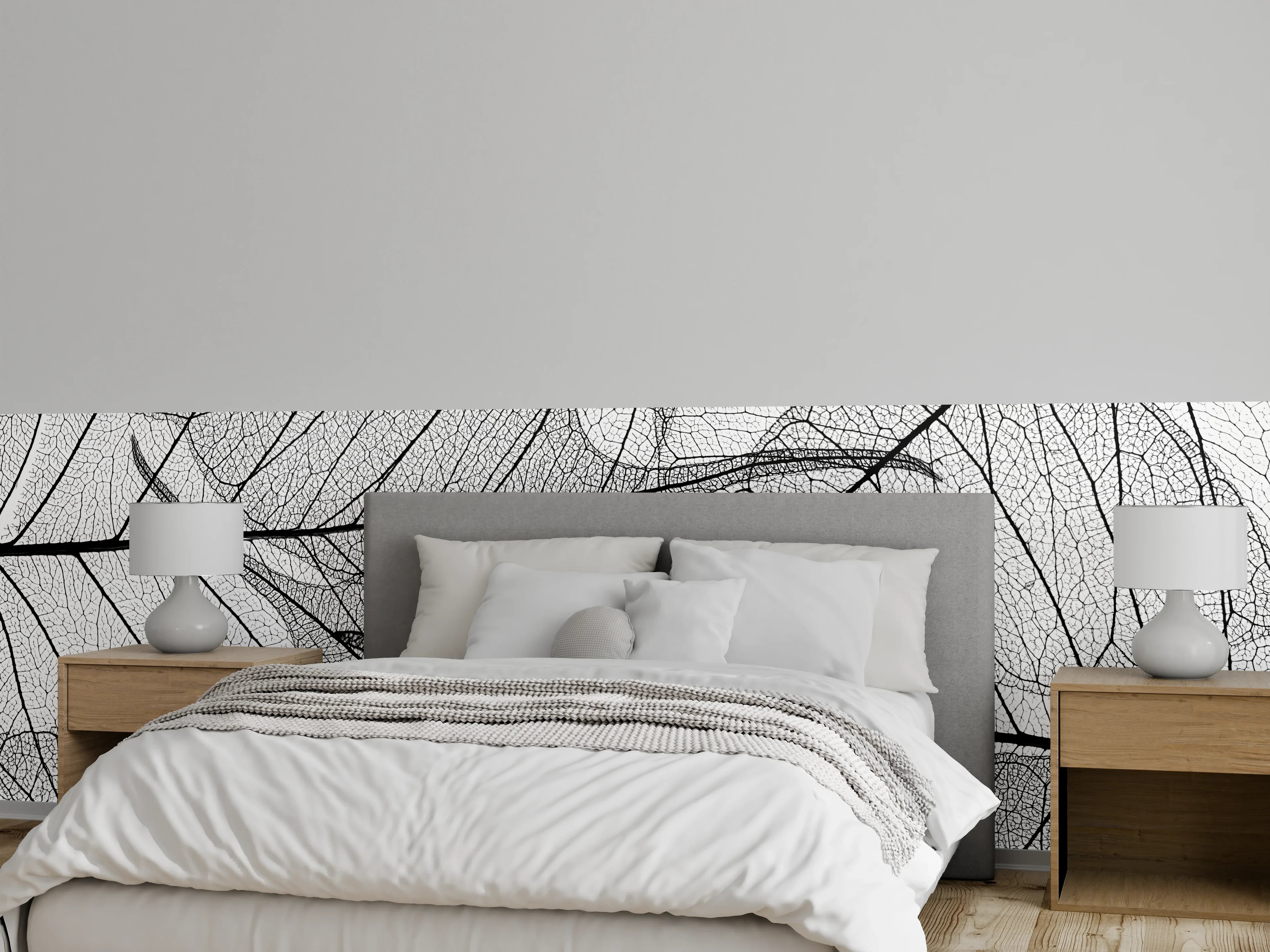Wandverkleidung Schlafzimmer - Schwarz-weiße filigrane Blättermuster Tapete