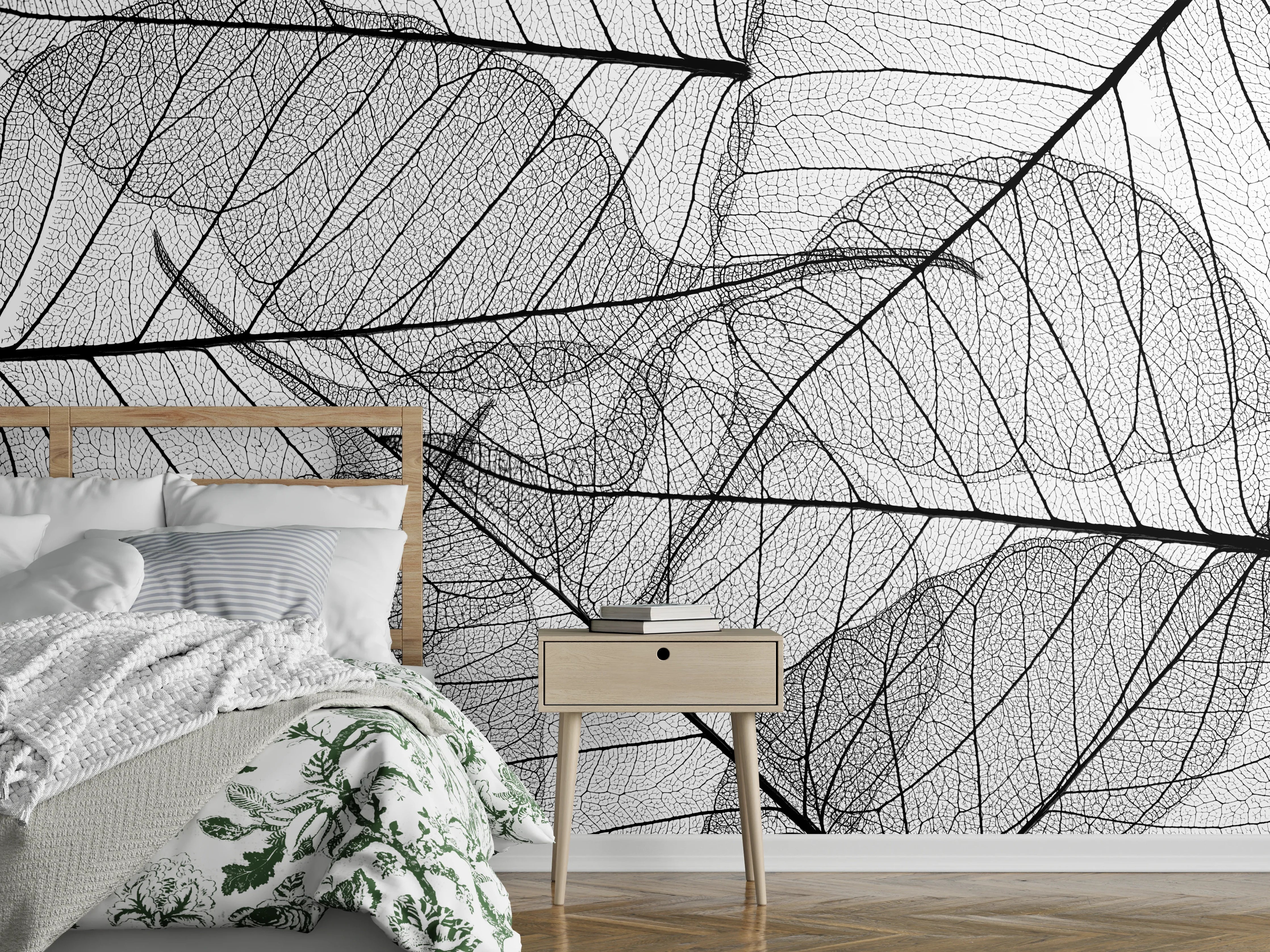 Wandverkleidung Schlafzimmer - Schwarz-weiße filigrane Blättermuster Tapete