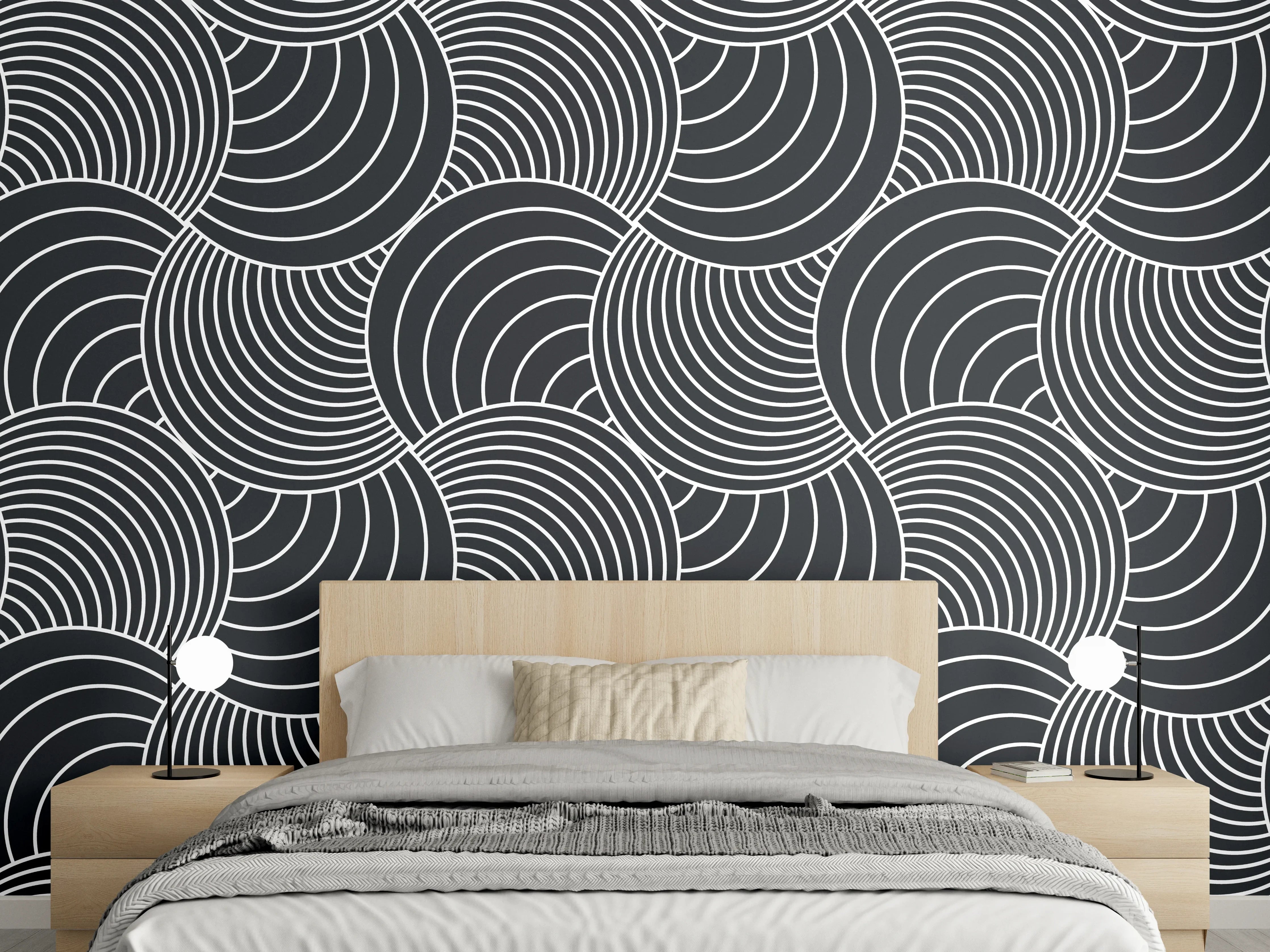Wandverkleidung Schlafzimmer - Schwarz-weißes Wellenmuster für Wand