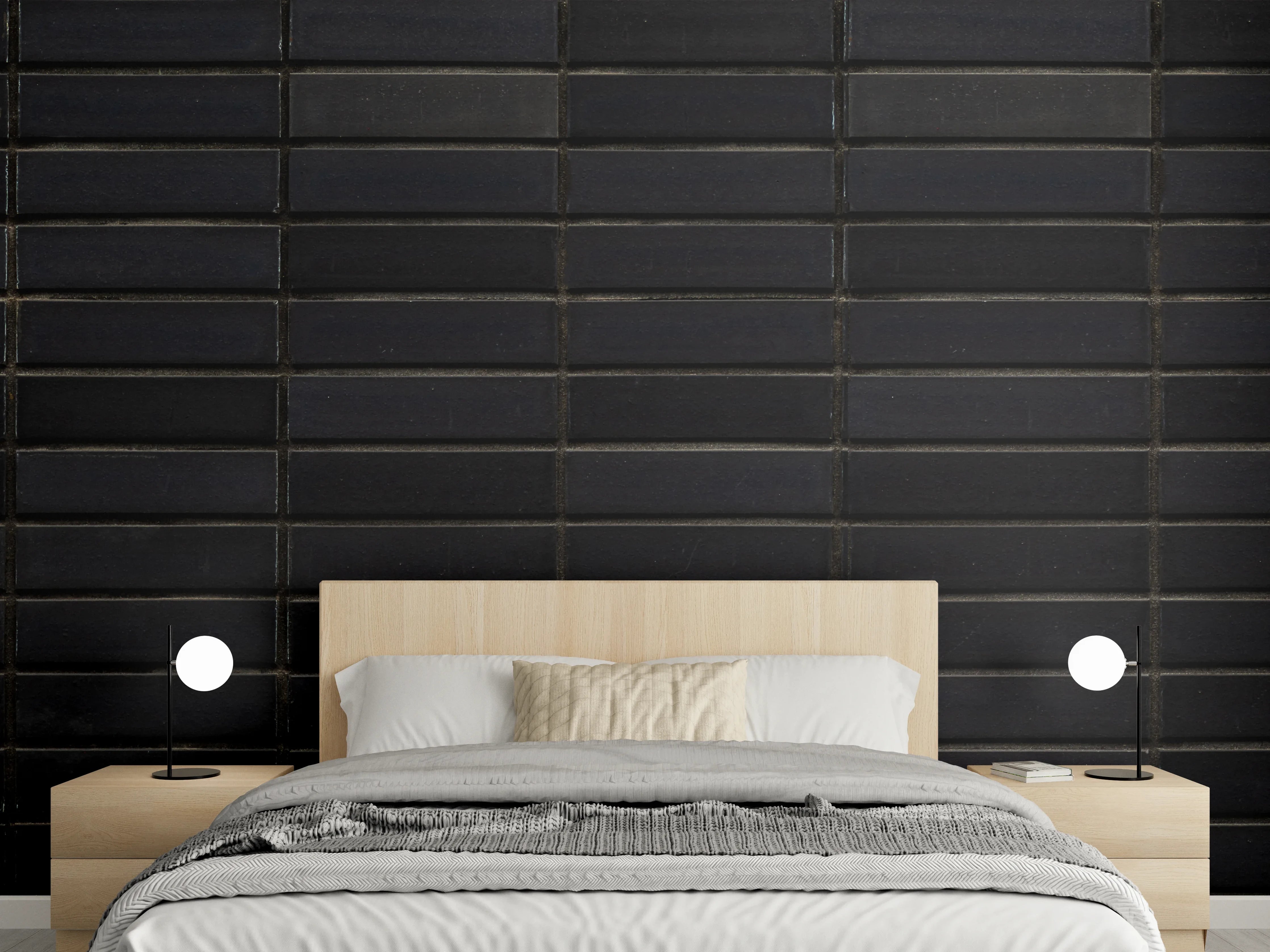 Wandverkleidung Schlafzimmer - Schwarze Backsteinmauer mit goldener Akzent