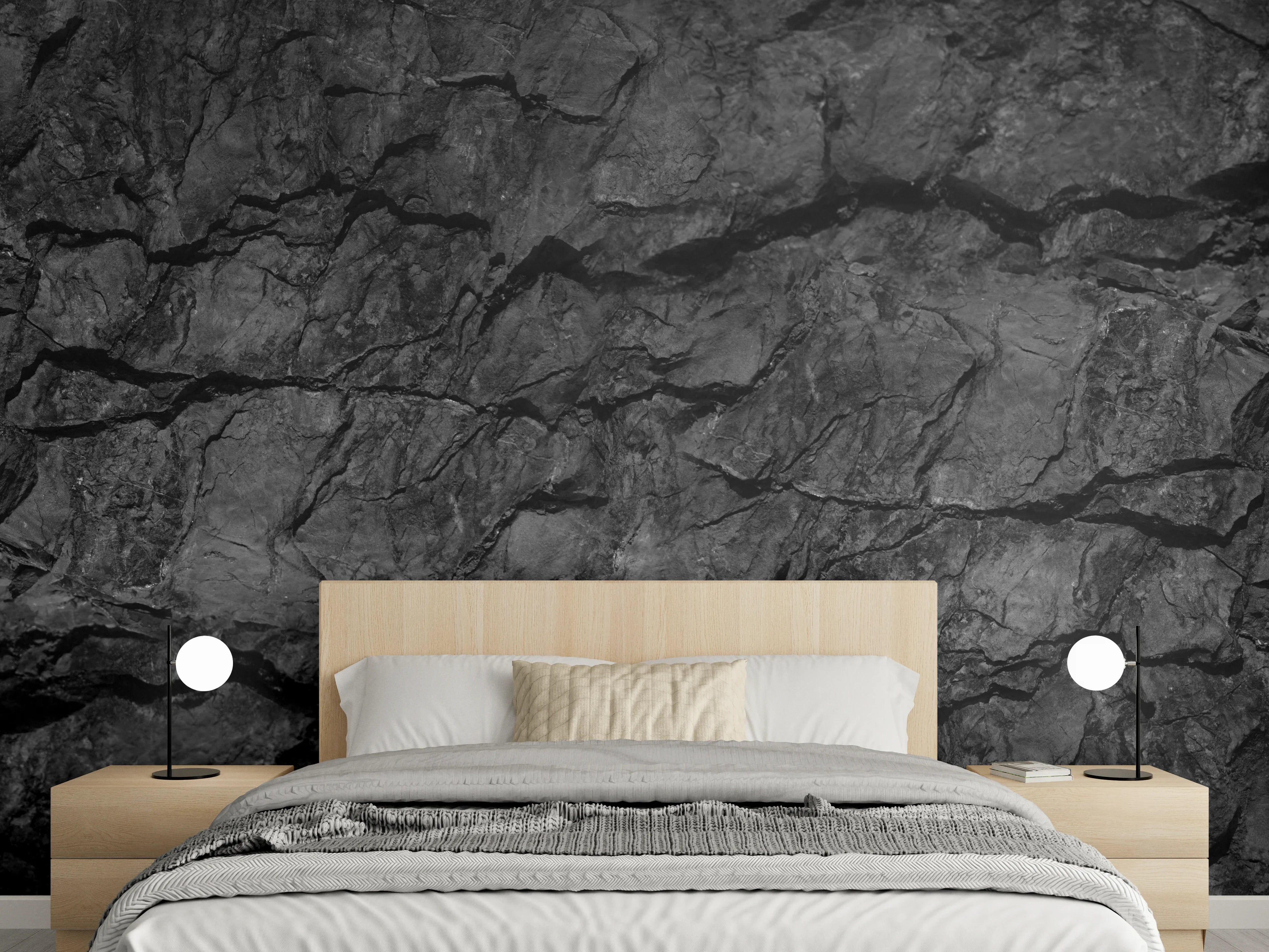Wandverkleidung Schlafzimmer - Schwarze Gesteinstextur mit Rissen