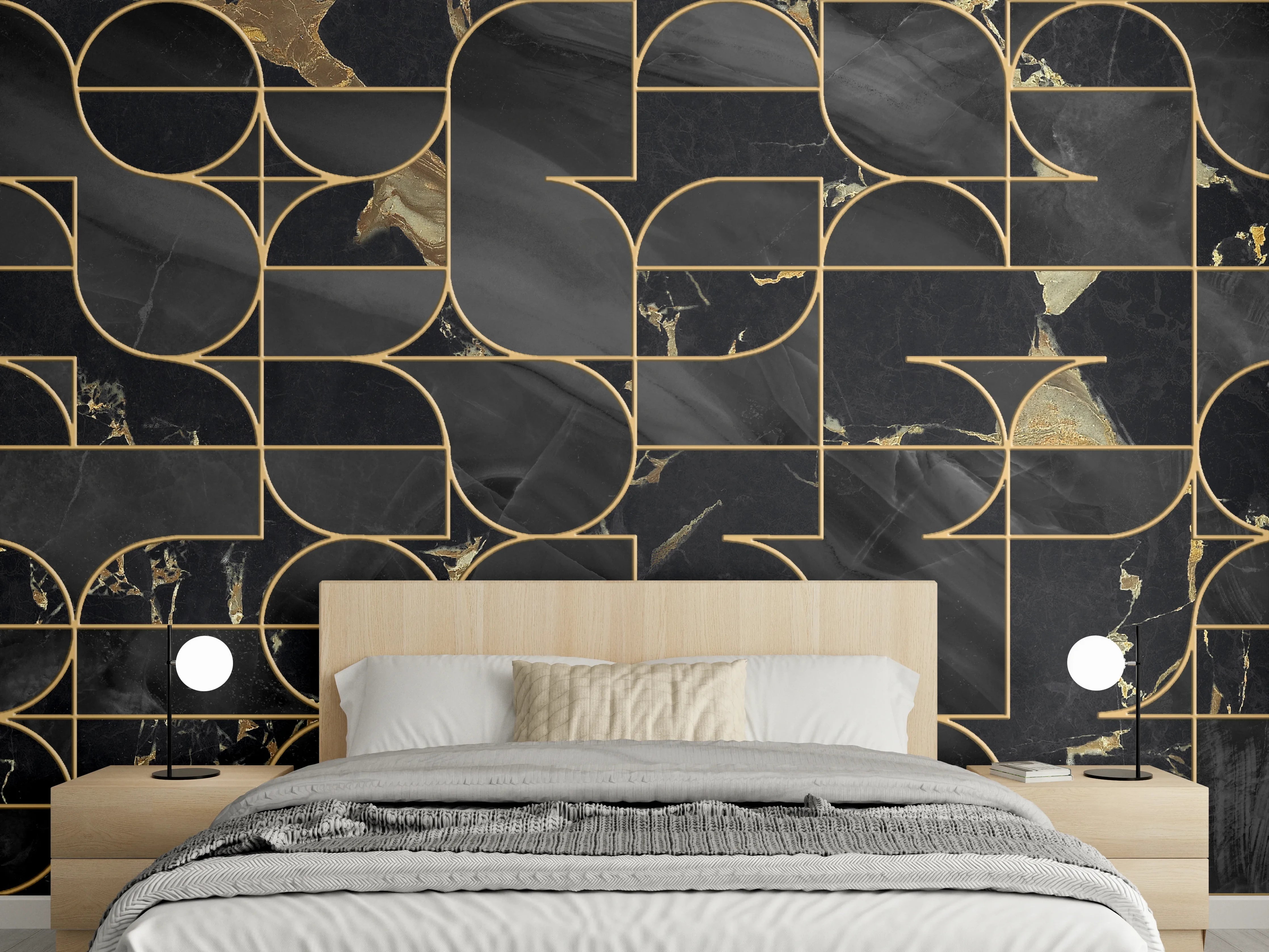 Wandverkleidung Schlafzimmer - Schwarze Marmor-Optik mit Goldlinien