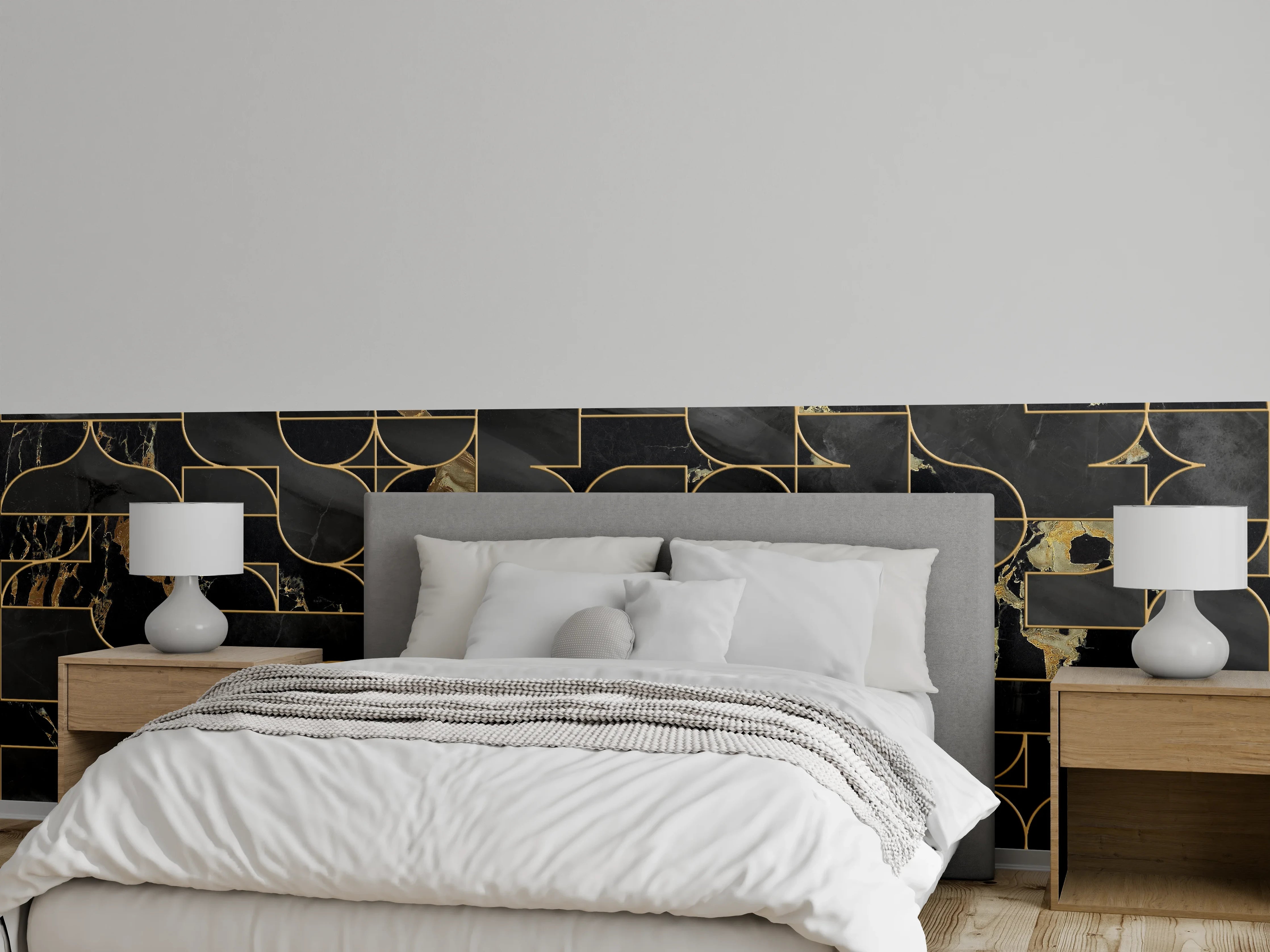 Wandverkleidung Schlafzimmer - Schwarze Marmor-Optik mit Goldlinien