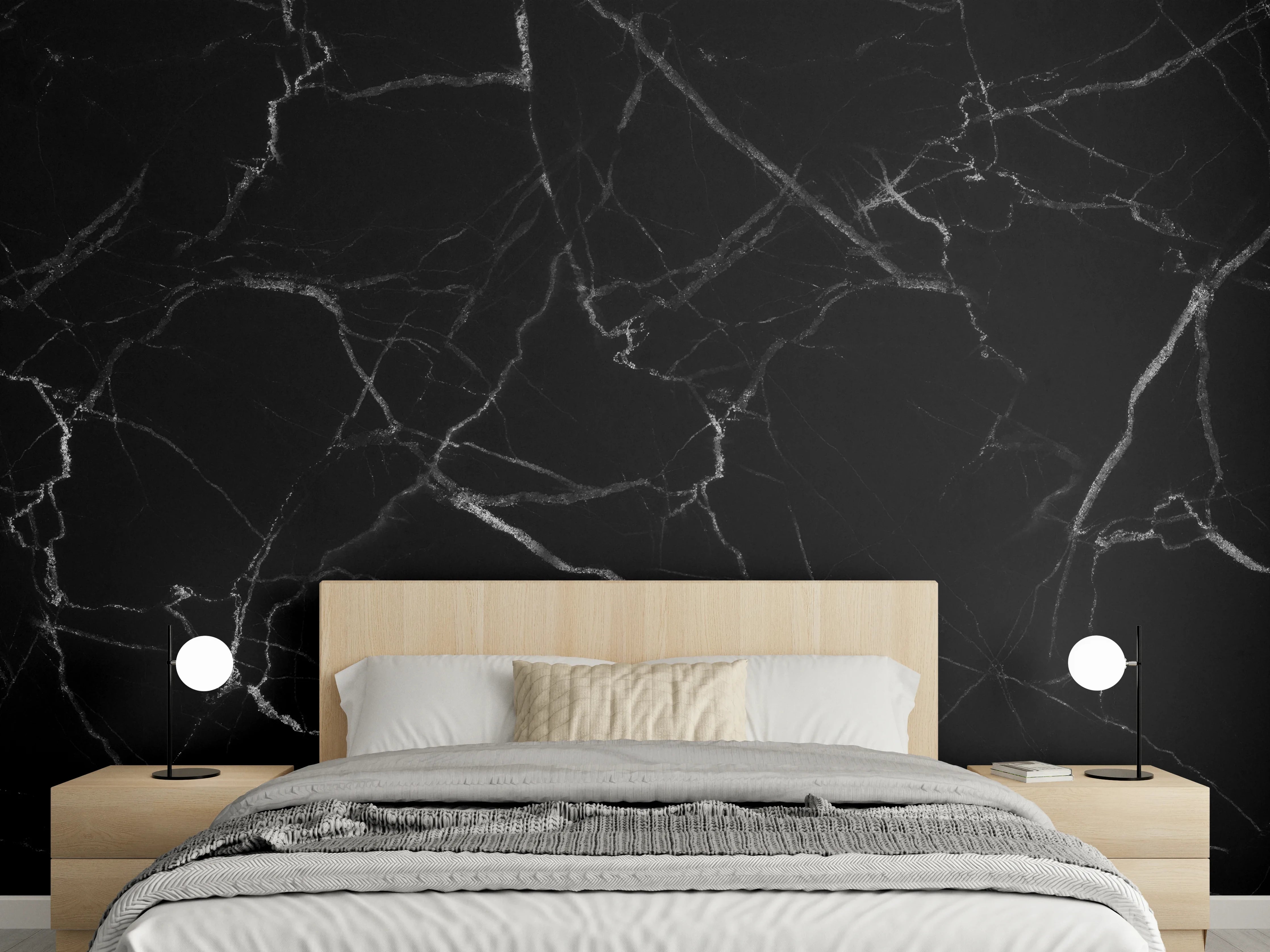 Wandverkleidung Schlafzimmer - Schwarze Marmor-Textur mit weißen Adern