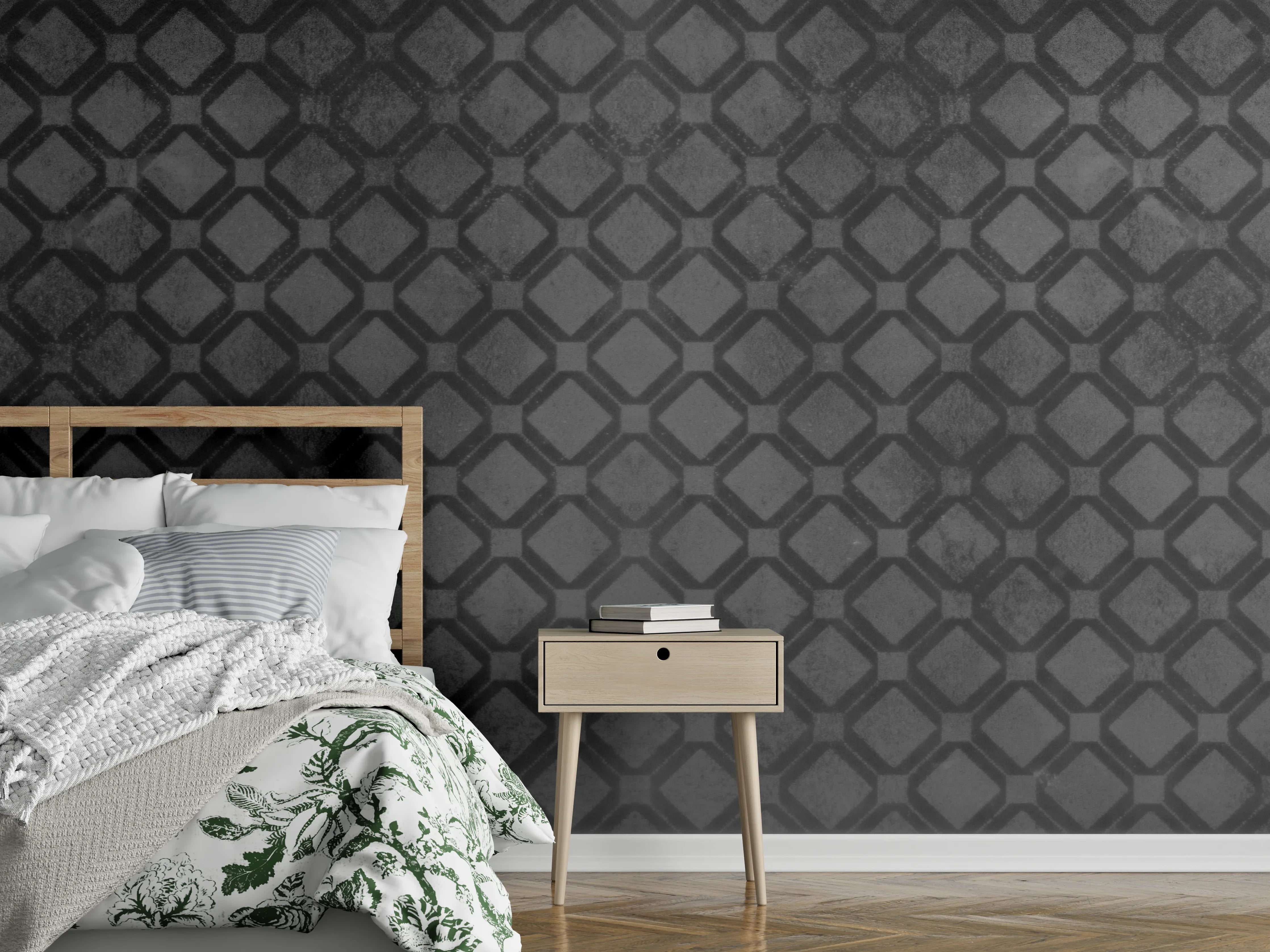 Wandverkleidung Schlafzimmer - Schwarze Raute Muster