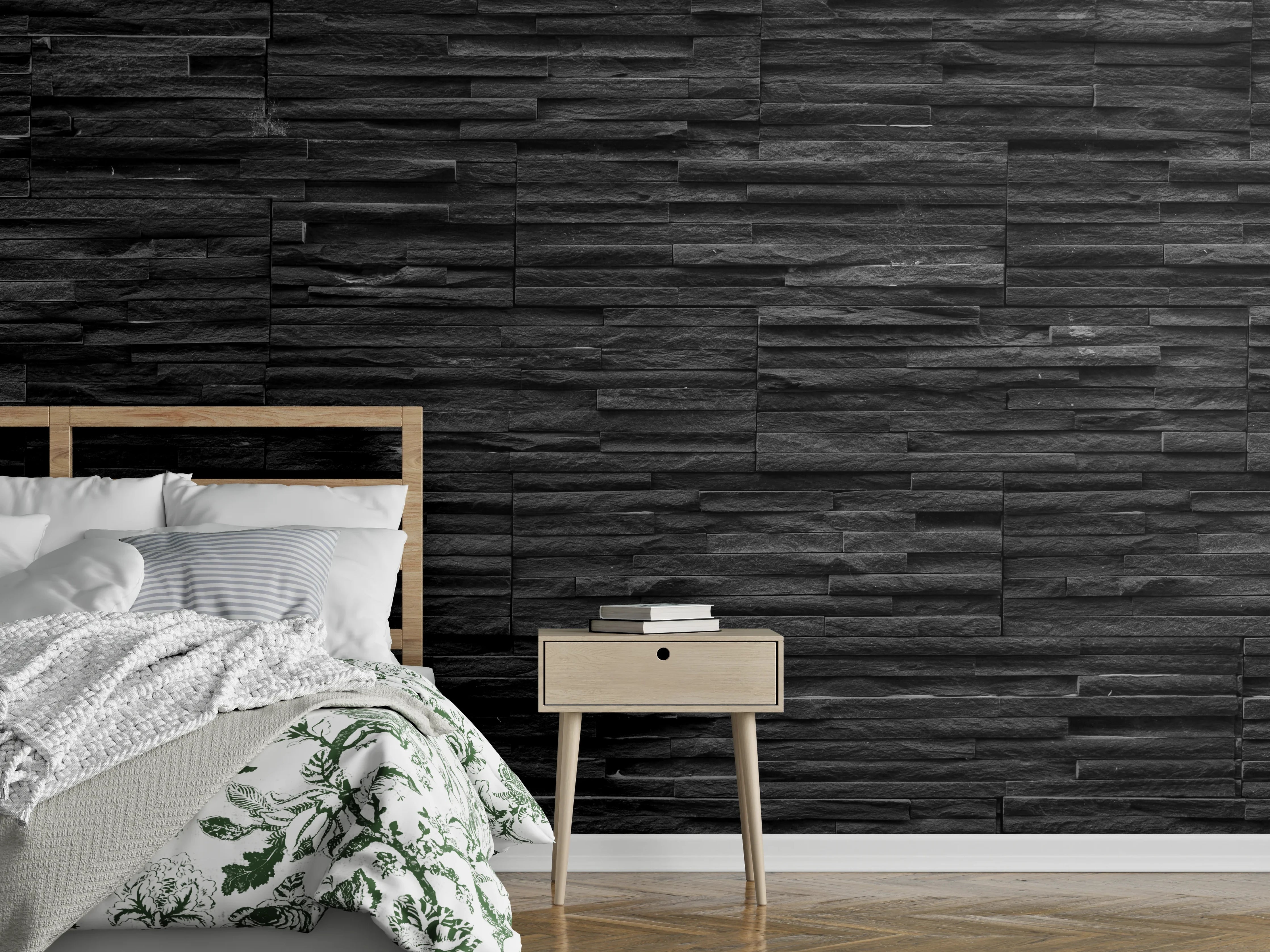 Wandverkleidung Schlafzimmer - Schwarze Schieferstein-Mauer