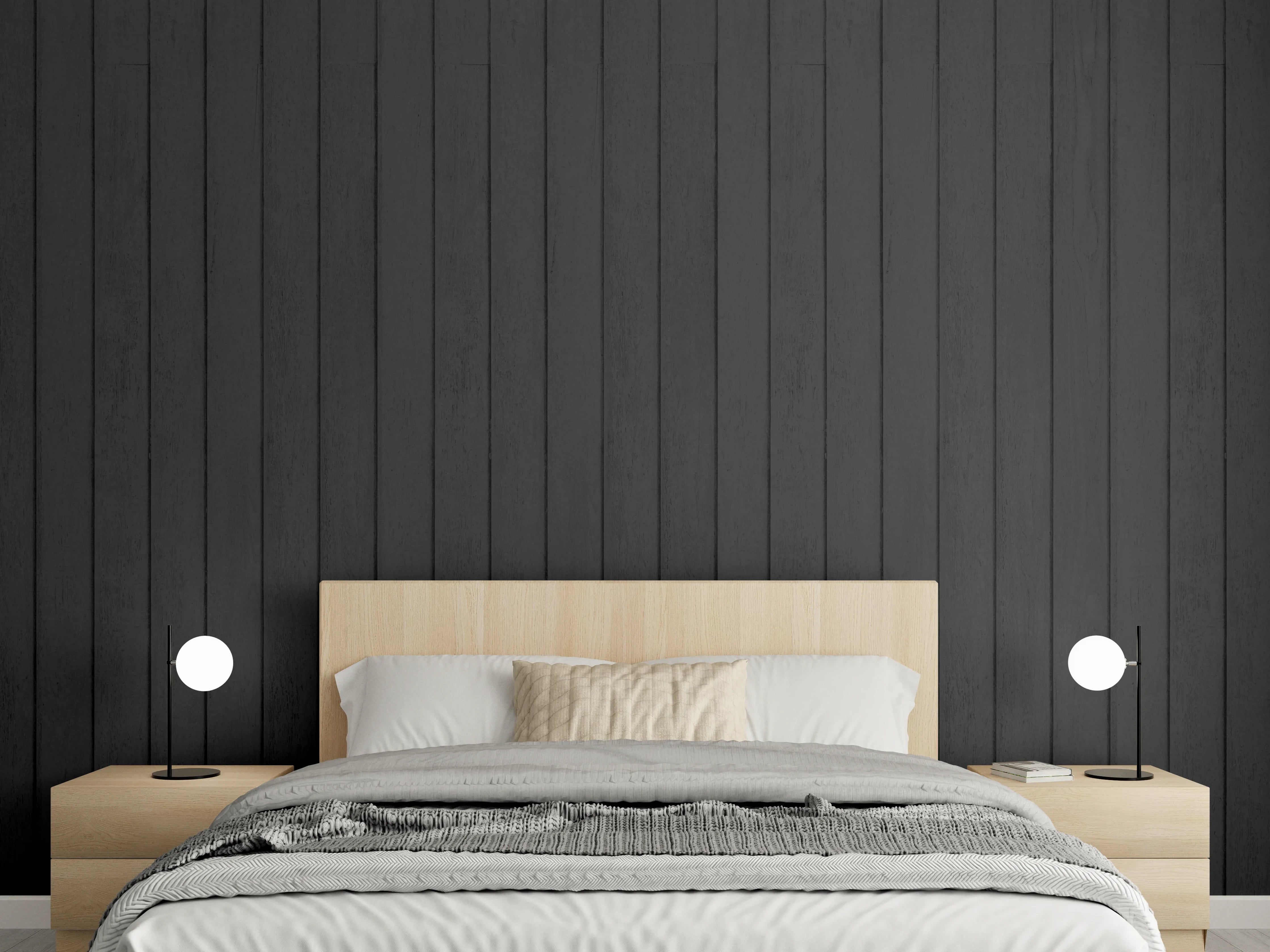 Wandverkleidung Schlafzimmer - Schwarze Wand mit feinen Vertikallinien