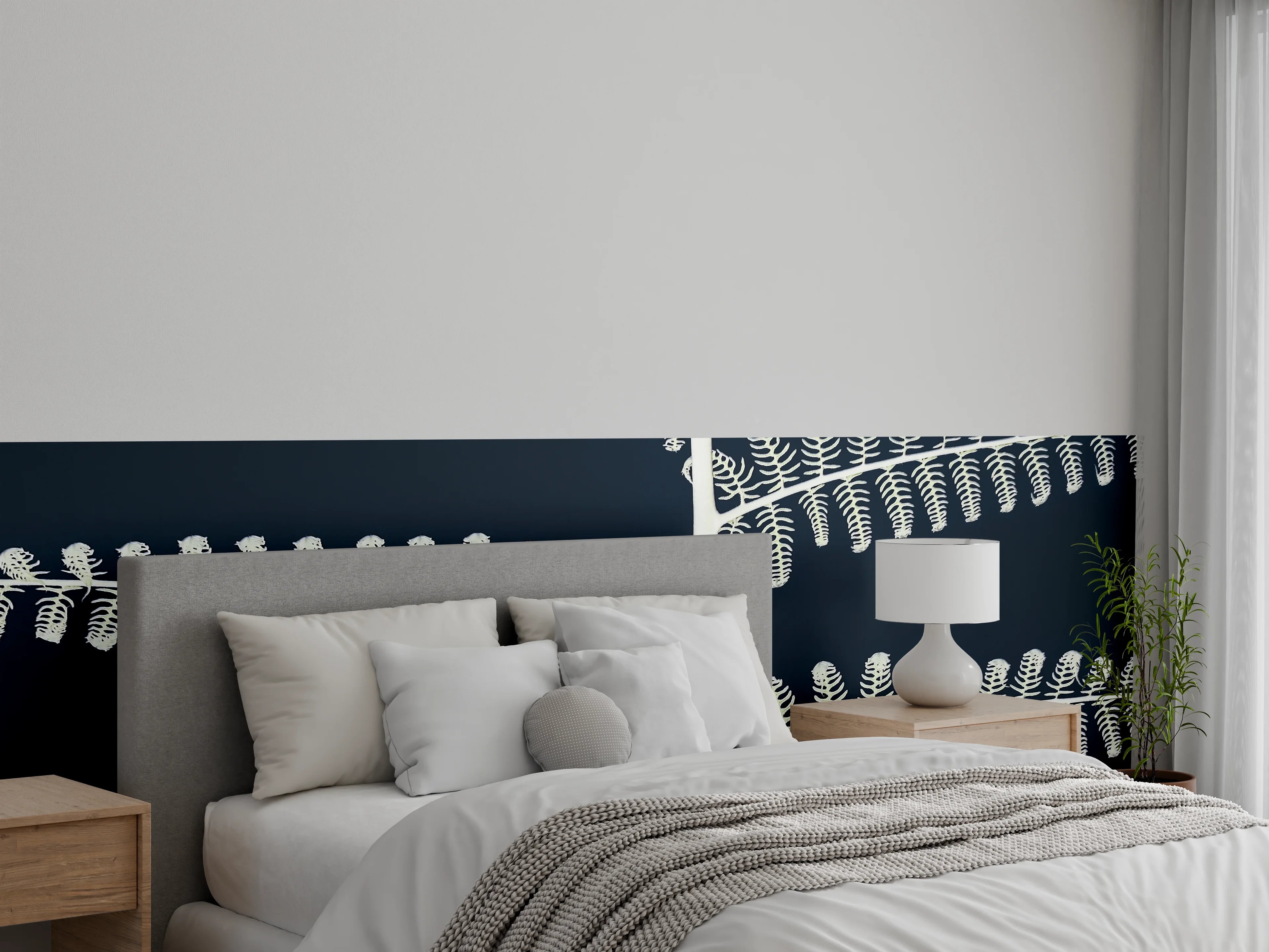 Wandverkleidung Schlafzimmer - Schwarze Wand mit weißen Farnblättern