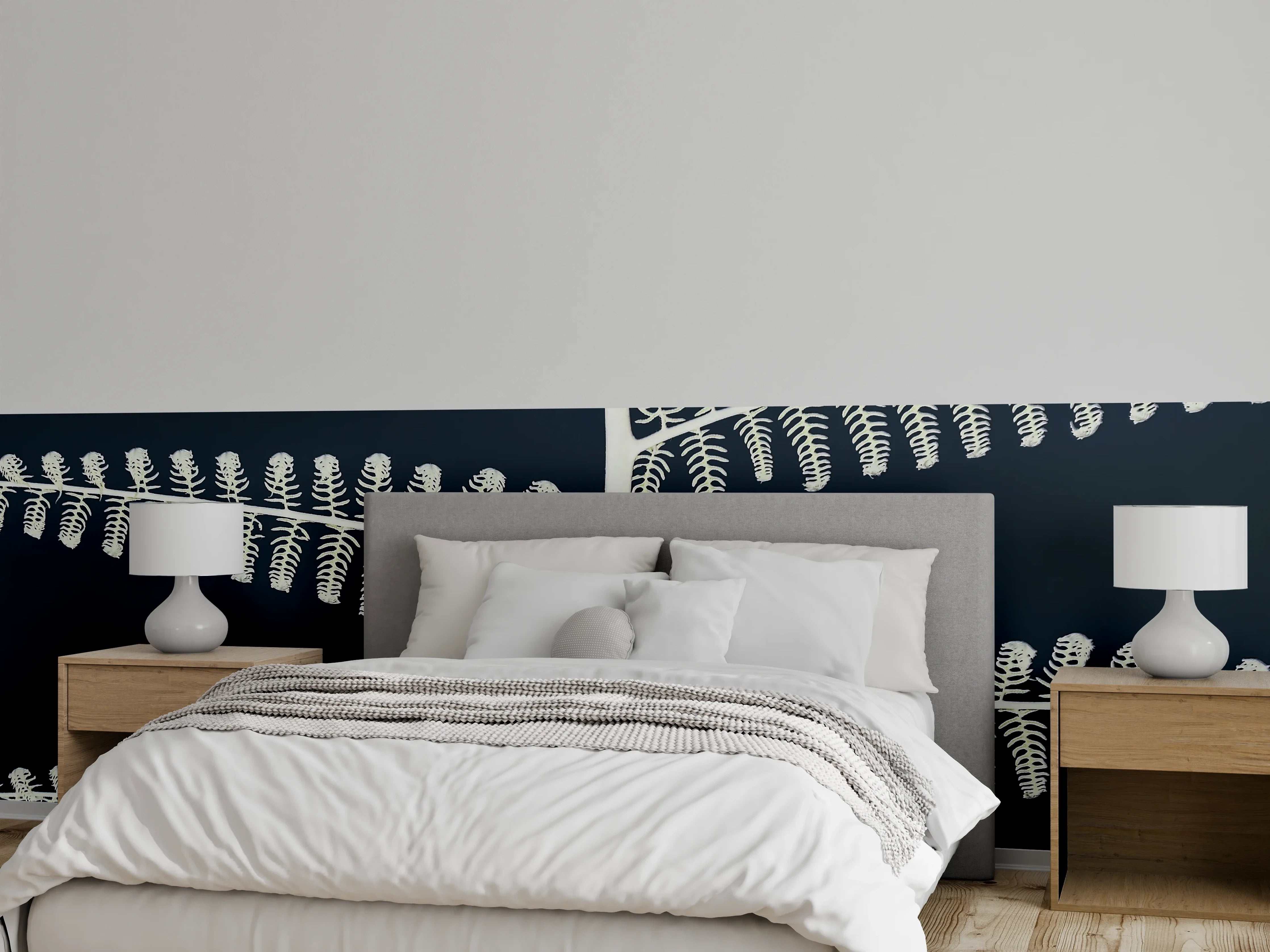 Wandverkleidung Schlafzimmer - Schwarze Wand mit weißen Farnblättern